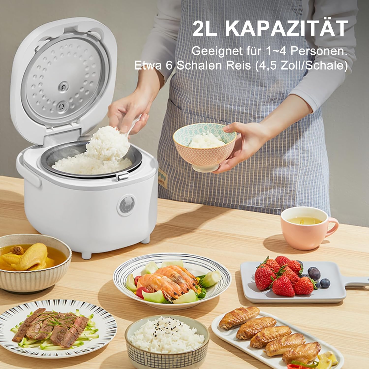 Bear Reiskocher 4 Tassen (ungekocht) mit Dampfgarer, multifunktionaler 350 W elektrischer Reiskocher Mini, 6 Reiskochfunktionen für 2–4 Personen, Weiß – Bild 5