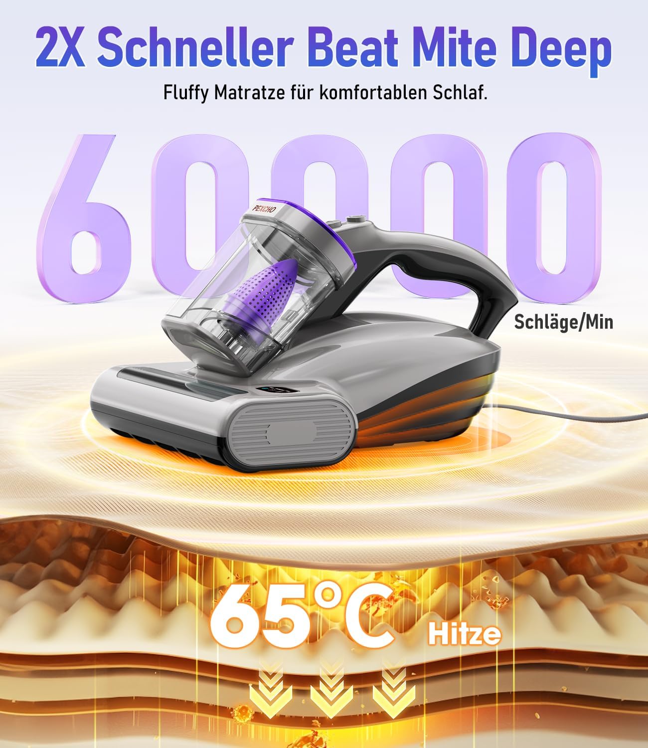 PEXCHO PM600 Milbenstaubsauger mit UV-Licht, 500 W Matratzenstaubsauger für Allergiker, Filter zur Entfernung von 99,9 % der Hausstaubmilben, Allergene, Tierhaare aus Matratzen, Teppichen und Sofas – Bild 4