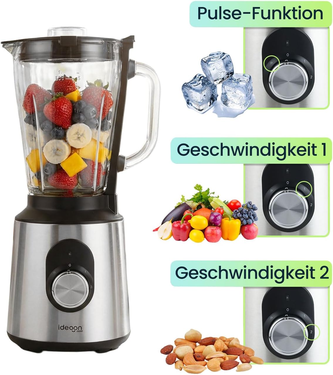 ideoon Edelstahl-Power-Standmixer mit 1,5-l-Glasbehälter, Küchenmixer, 1000 W für Shakes, Smoothies, Saucen oder Zerkleinern von Obst und Gemüse – Bild 3