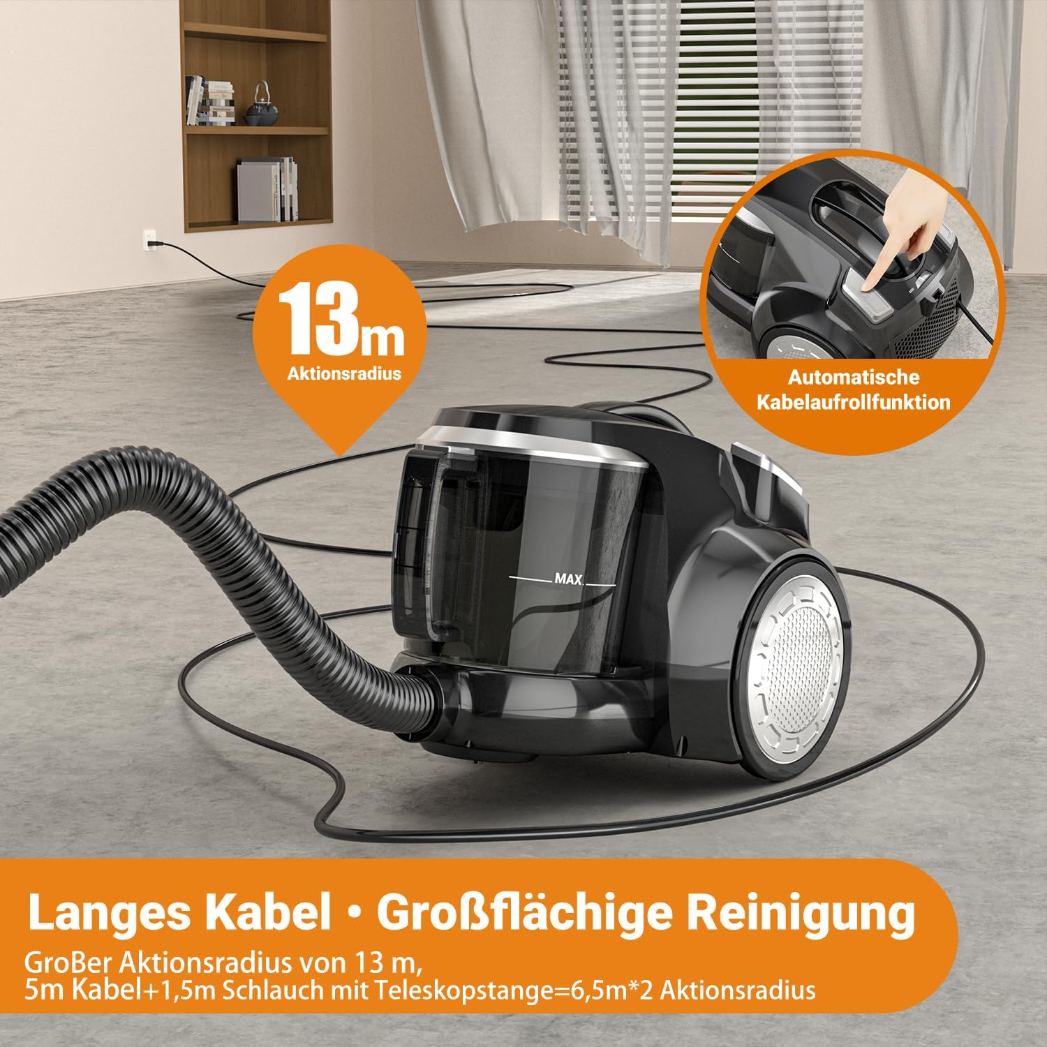 Staubsauger ohne Beutel, 1200 W, starke Saugleistung, kompakter leichter Staubsauger ohne Beutel, leise – Bild 5