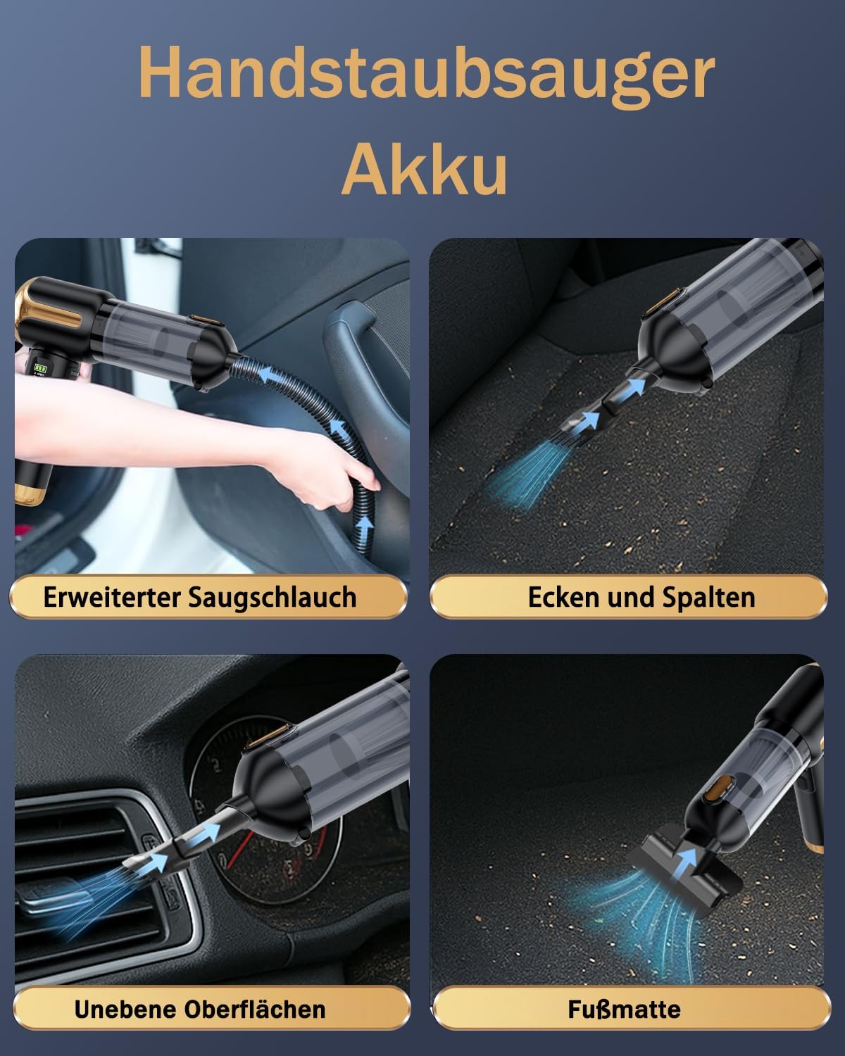 Handstaubsauger Akku kabellos, Autostaubsauger 27000Pa Mini-Staubsauger, wiederaufladbar, tragbar, leicht, Autostaubsauger stark, 220.000 U/min, elektrischer Staubbläser für Auto, Küche, PC, Sofa, Büro, Schwarz – Bild 4