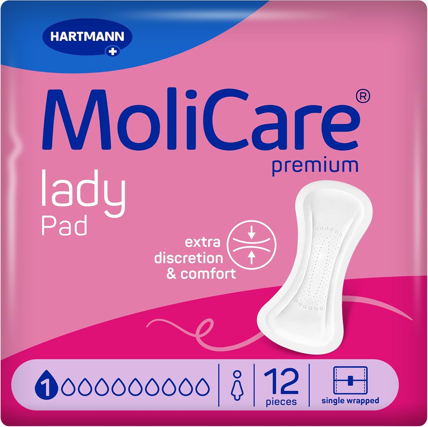 MoliCare Lady Pad 1 Drop Ultra diskrete Einlagen für Frauen, parfümfreie, dünne & flexible Einlagen für leichte Inkontinenz, geruchsneutralisierend, 12 Stück