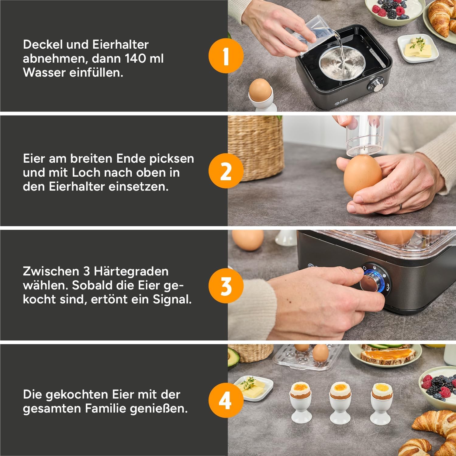 TZS First Austria Eierkocher Grau – 8 Eierkapazität – 4 Kochstufen inklusive Dampfgarfunktion – automatische Abschaltung mit Signalton – Trockengehschutz – Messbecher & Pochierschüssel – kompakt und leicht – Bild 7