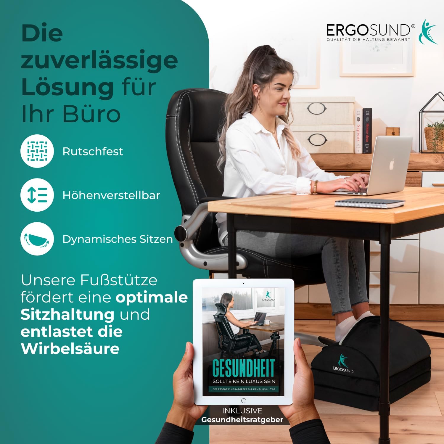 ERGOSUND Fußstützen-Schreibtisch mit Fleece-Fußtasche (3-fach höhenverstellbar) – rutschfest – ergonomischer Fußstützen-Schreibtisch, Heimbüro-Zubehör, Fußstütze – Bild 8