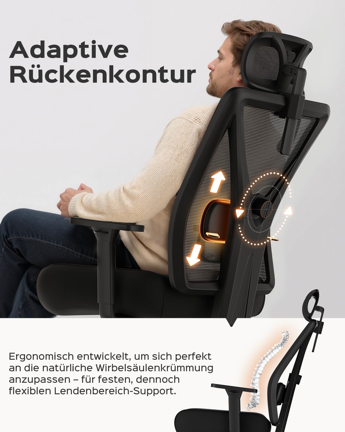 Dowinx Bürostuhl 270 kg, ergonomischer Schreibtischstuhl mit dicker Sitzpolsterung, verstellbare Lordosenstütze, höhenverstellbare Rückenlehne, 3D-Armlehnen, Metallfuß, Schwarz – Bild 4