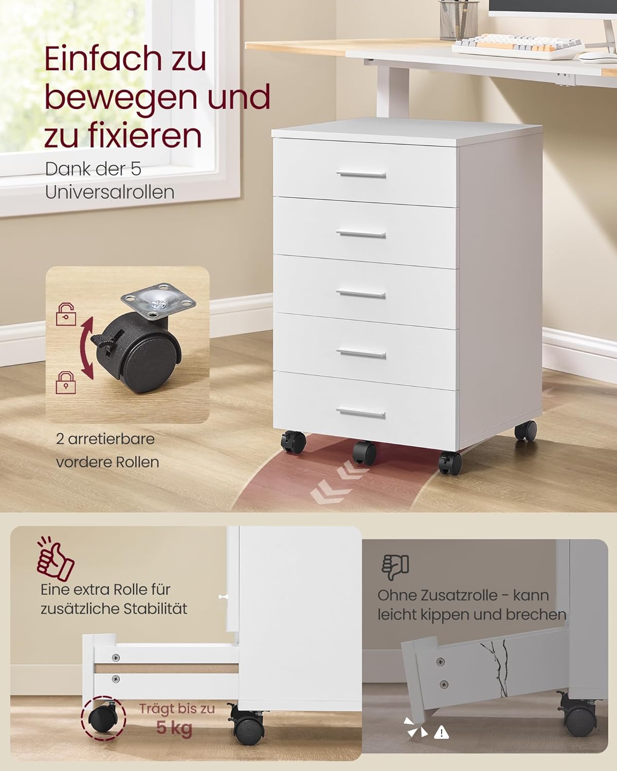 VASAGLE Rollschrank, mobiler Aktenschrank, Schubladenschrank, Druckerständer mit 5 Schubladen mit schraubenlosen Gleitschienen für Büro, Zuhause, Büro, Wolkenweiß OFC081W01 – Bild 6