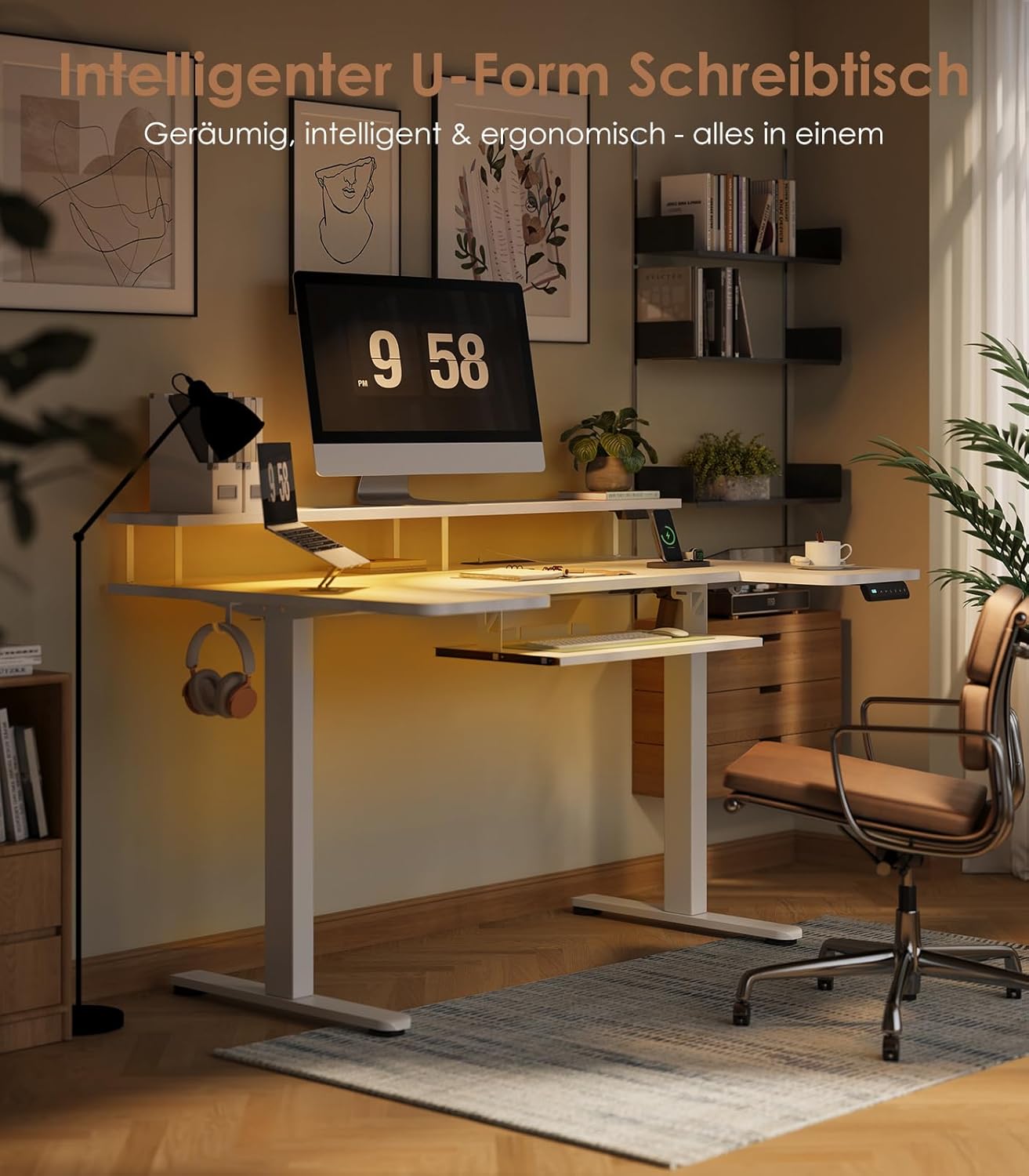 OffiGo U-förmiger höhenverstellbarer Schreibtisch, 140 cm elektrischer Stehsitztisch mit Monitorständer, Steckdosen & USB-Ladeanschluss, Stehpult mit LED, Home-Office-Computertisch, Weiß – Bild 6