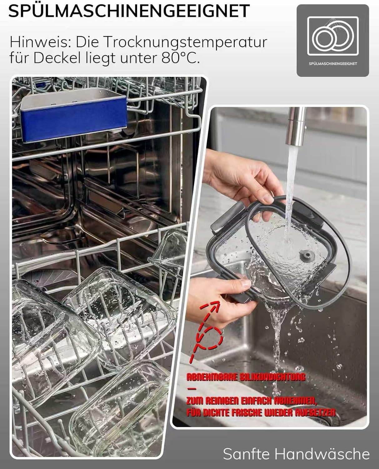 5er-Pack Borosilikatglasbehälter mit gehärtetem Deckel, 1040 ml/4,4 Tassen, luftdichtes Meal-Prep-Set, mikrowellen-/gefriergeeignet/ofenfest -20℃~510℃, Grau – Bild 7