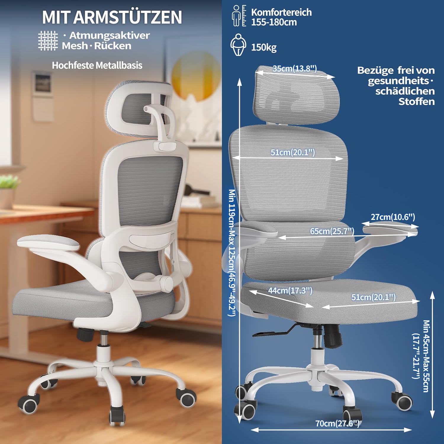 TRALT Ergonomischer Bürostuhl mit verstellbarer Lendenwirbelstütze, Kopfstütze, Gaming-Stuhl, Bürostuhl, Schreibtischstuhl, Heimbürostuhl, ergonomisch, 150 kg, für große Menschen, Grau – Bild 5