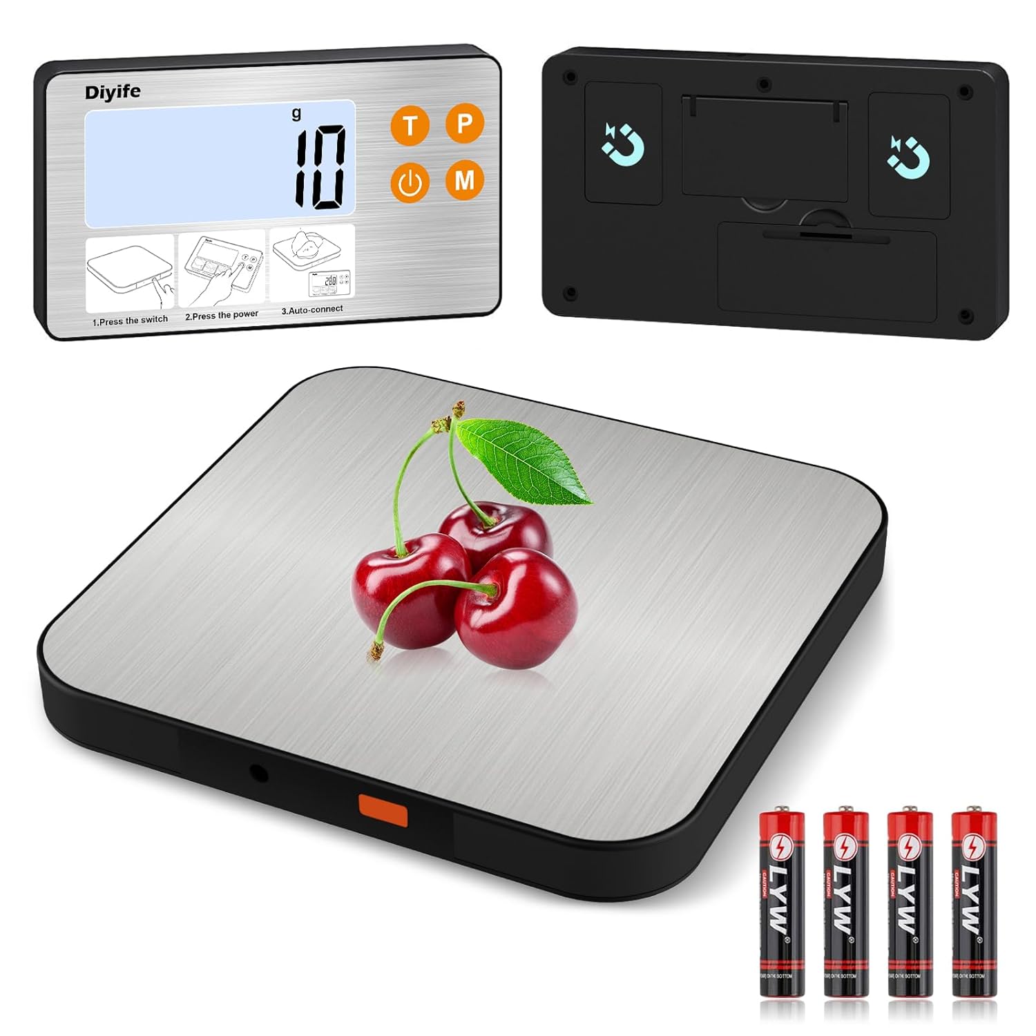 Diyife Geteilte Küchenwaage aus Edelstahl, 15 kg, Lebensmittelwaage, digitale Waage mit hintergrundbeleuchtetem LCD-Display, Flüssigkeitsmessung, Zählfunktion, Batterien im Lieferumfang enthalten
