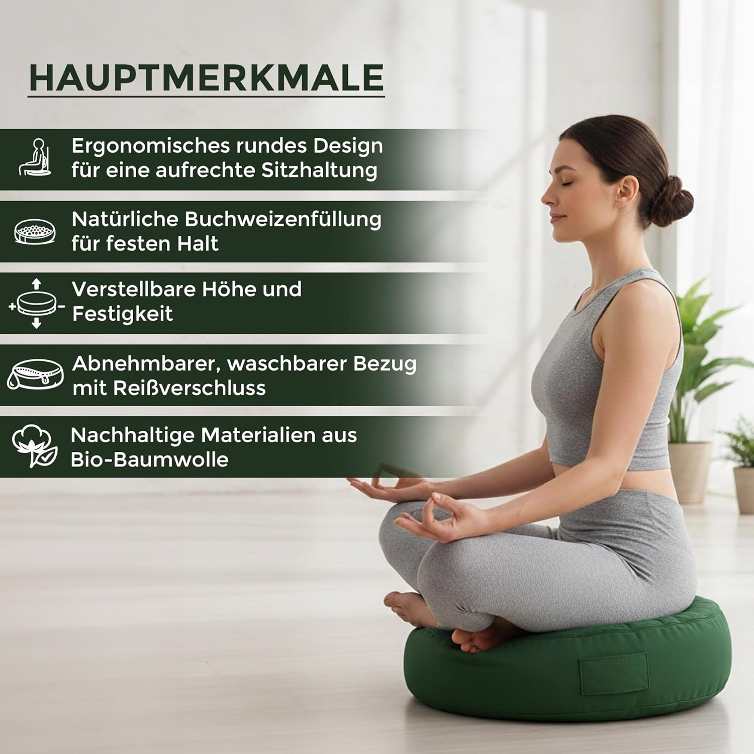 Omok Ergonomisches Yogakissen für Meditation & Entspannung, abnehmbares & waschbares rundes Sitzkissen mit Buchweizenfüllung, nachhaltiges Boden- & Sitzkissen (Dunkelgrün, 35 x 13 cm) – Bild 2