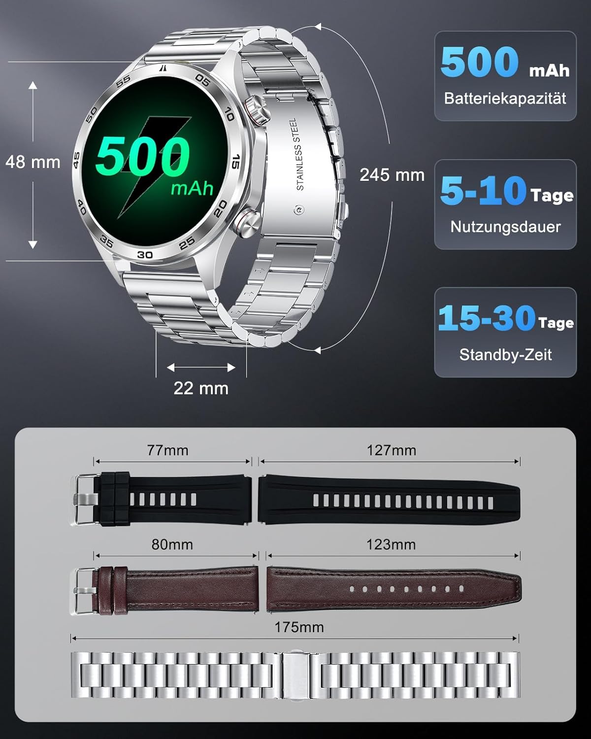 MEGALITH Smartwatch Herren Fitnessuhr: Telefonfunktion Runde Fitnessuhr mit 3 Armbändern – Blutdruckmessung Herzfrequenzmesser Smart Watch Silber Wasserdicht – Bild 7