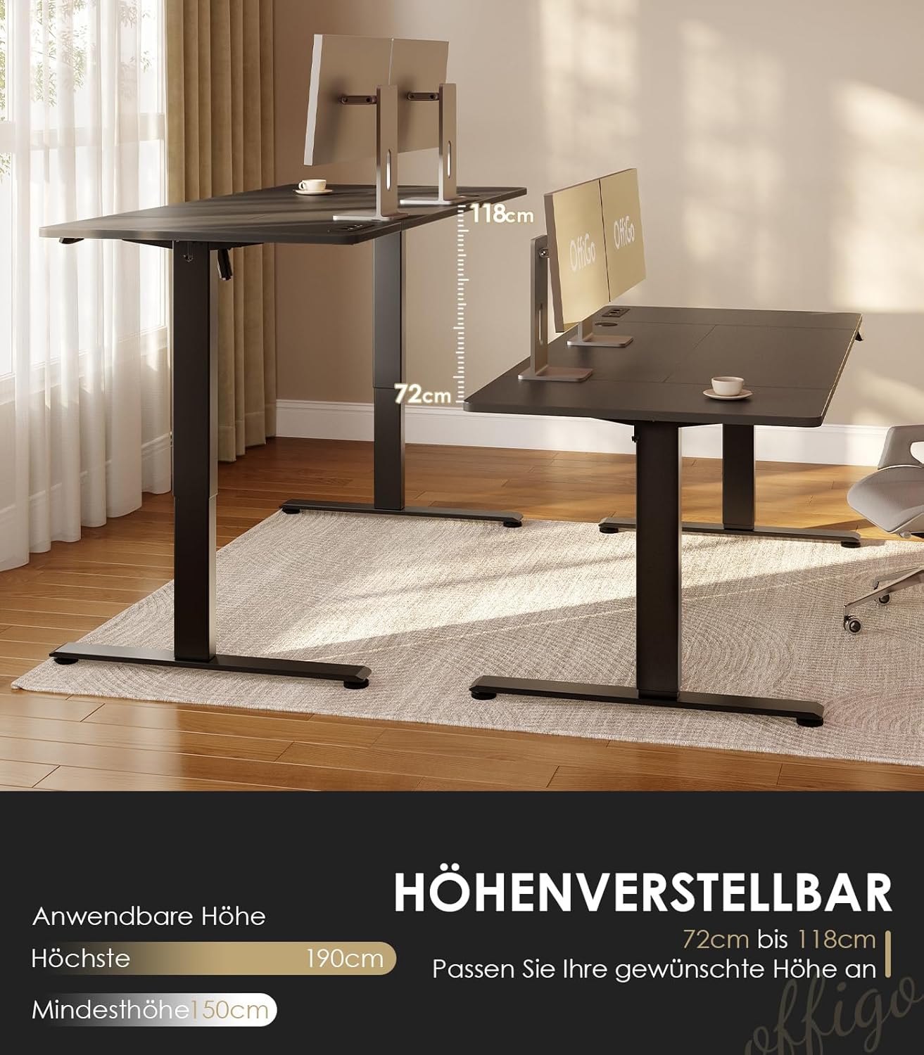 OffiGo höhenverstellbarer Schreibtisch, 200 x 80 cm, elektrischer Schreibtisch mit Steckdosen und USB-Ladeanschluss, Tisch höhenverstellbar mit 2 Memory-Funktionen, Computertisch für Büro, Zuhause, schwarz – Bild 3