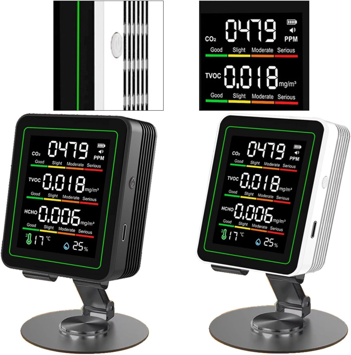 5-in-1-Luftqualitätsmonitor für HCHO, TVOC, Temperatur und Luftfeuchtigkeit; 1,8 Zoll HD-Display, 30-Stunden-Akku; Typ-C; ideal für Zuhause, Büro und Lager, Glewi, Schwarz – Bild 6