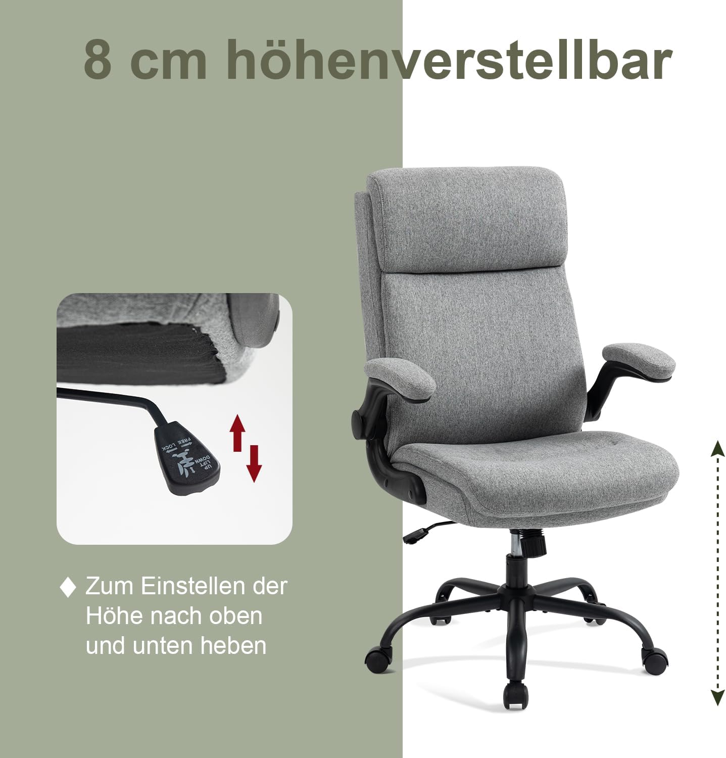 CASTLOVE Ergonomischer Bürostuhl, Schreibtischstuhl mit Rückenlehne, hochklappbare Armlehne, hohe Rückenlehne, höhenverstellbar, Wippfunktion (Bürostuhl, Stoff, grau, max. 150 kg) – Bild 6