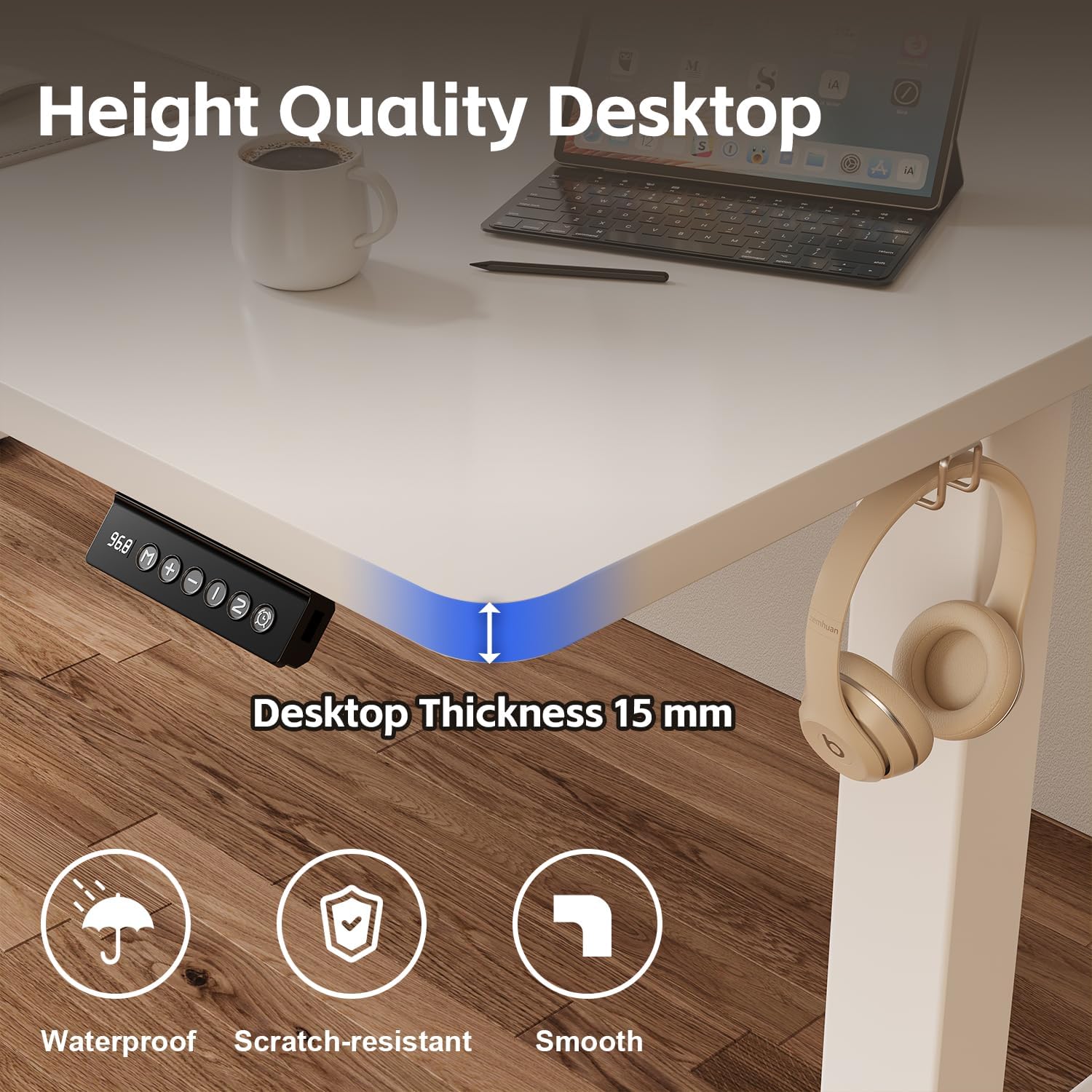 JUMMICO Elektrisch höhenverstellbarer Schreibtisch – Stehsitztisch mit Memory-Funktion & kompletter Tischplatte, Computertisch für Büro & Zuhause, 80 x 53 cm, Weiß – Bild 6