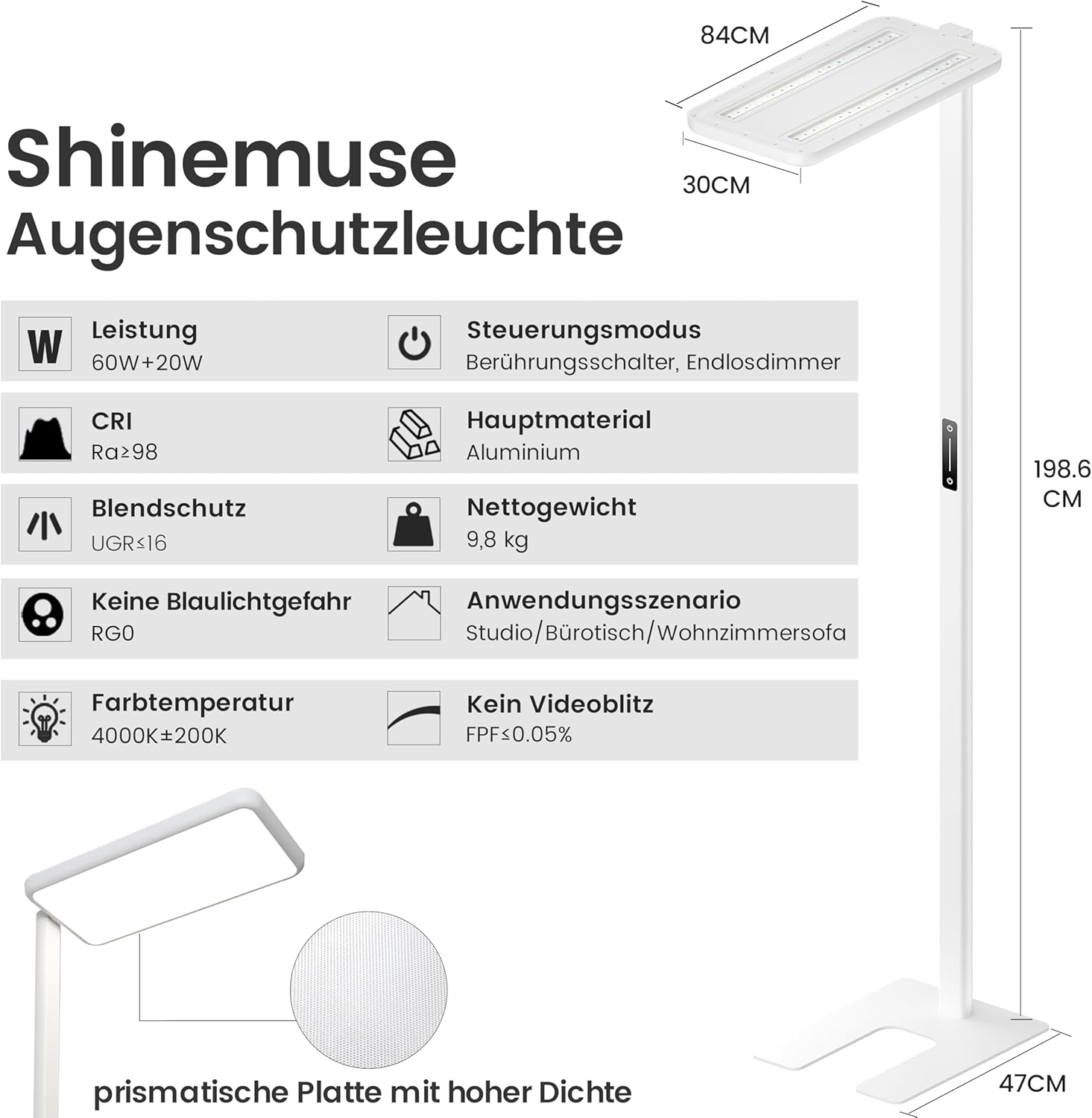 UGR98,2 m Vollspektrum-Tageslichtlampe, Dual-Stehlampe, dimmbar, Augenschutz, Deckenfluter, 4000 K, Stehlampe, Büro, Leselampe für Kinderzimmer, Weiß – Bild 9
