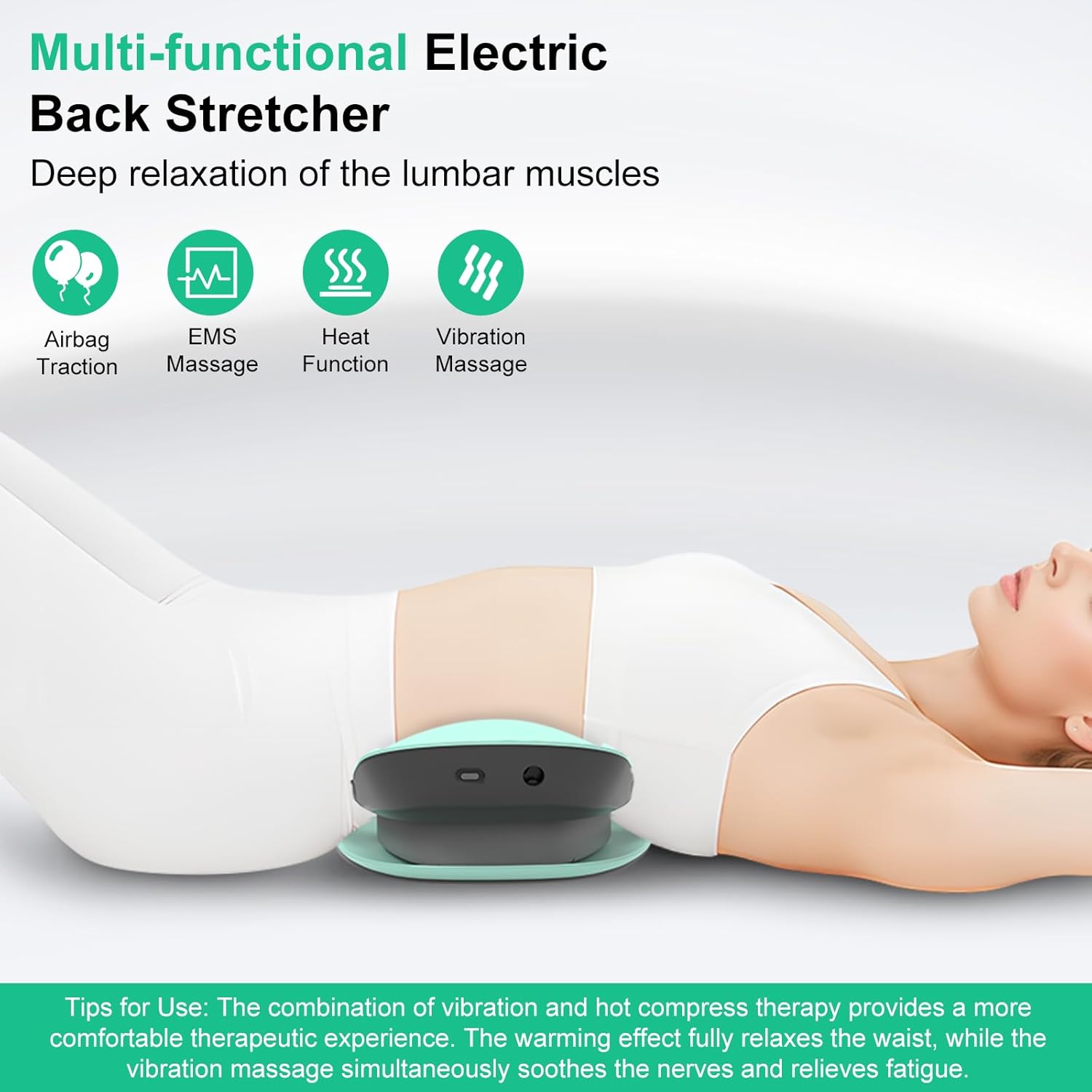 4-in-1-Rückenmassagegerät, Dehner für den unteren Rücken, kabellos, mit Airbag-Traktion, Heißkompresse, Vibrationsmassage, EMS-Elektrotherapie, Rückentrainer für Zuhause, Grün – Bild 2
