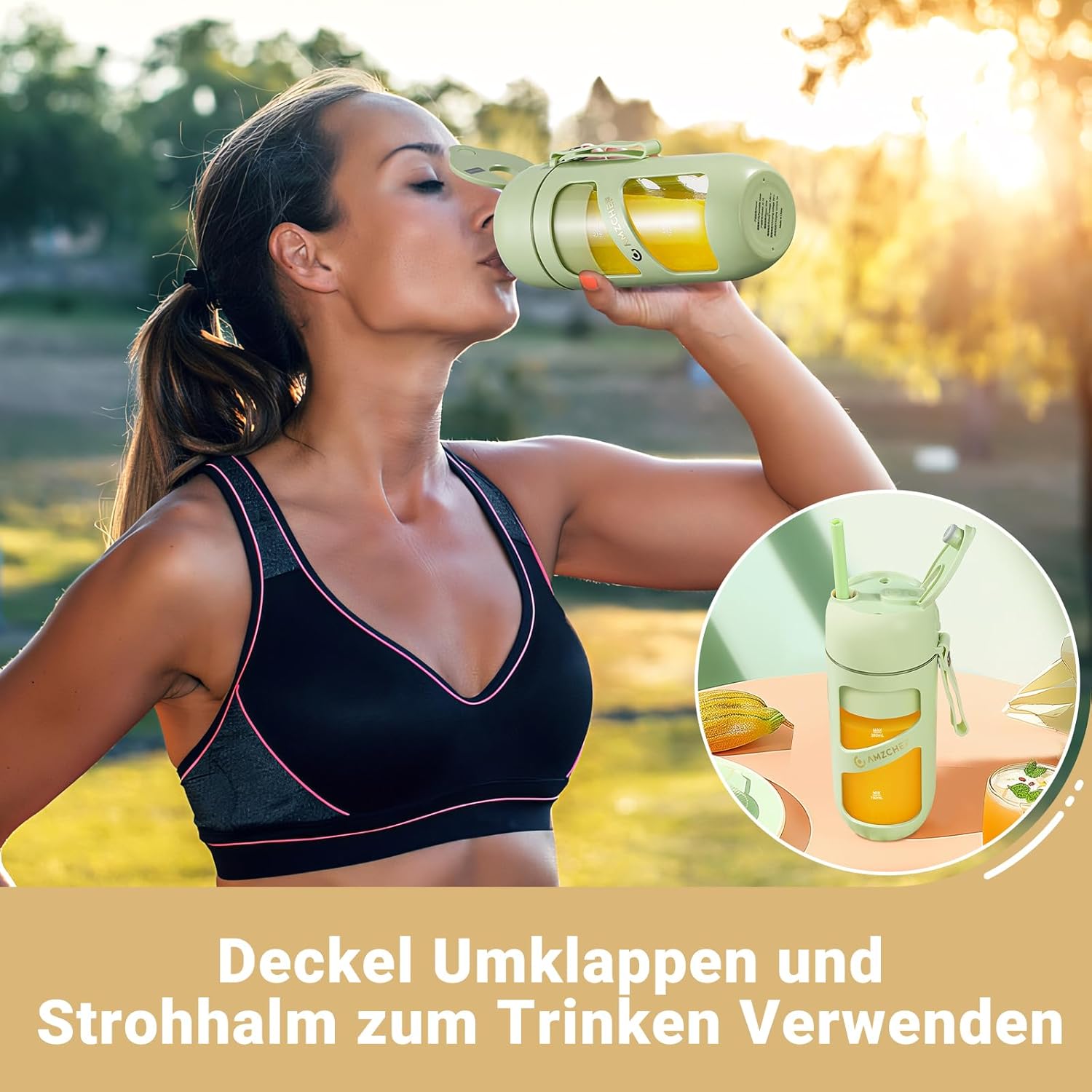 AMZCHEF Smoothie Maker To Go – Antioxidativer Vakuum-Flaschenmixer mit 10 Klingen für frischen Saft, Smoothie und Shake – tragbarer Mini-Mixer für Sport, Reisen – Grün – Bild 9