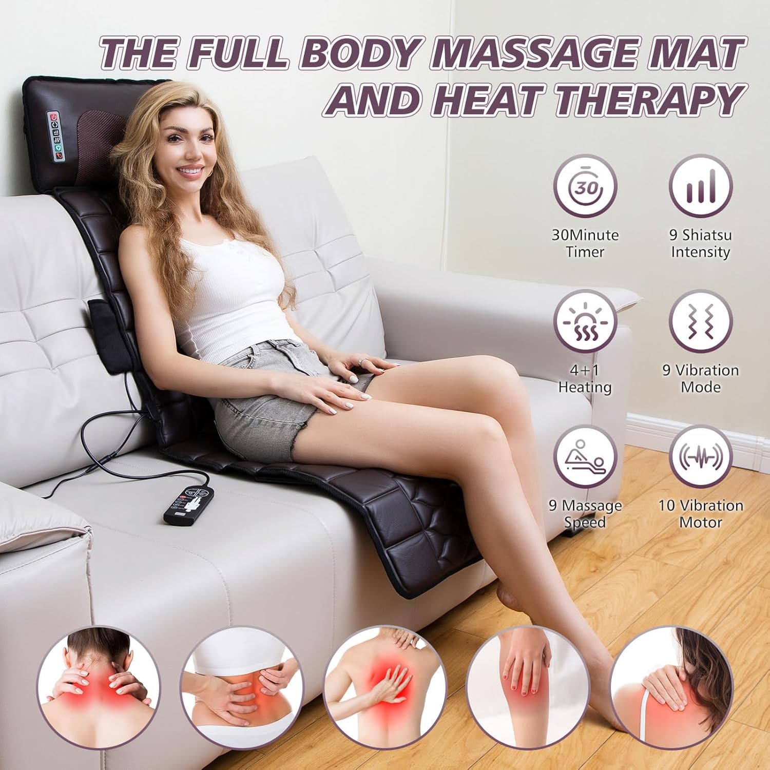 Ganzkörper-Massagematte mit Wärmefunktion, abnehmbares Nackenmassagegerät, verschiedene Massagemodi für den ganzen Körper, Massagekissen mit 10 Vibrationsmotoren und 9 Geschwindigkeitsstufen für – Bild 2