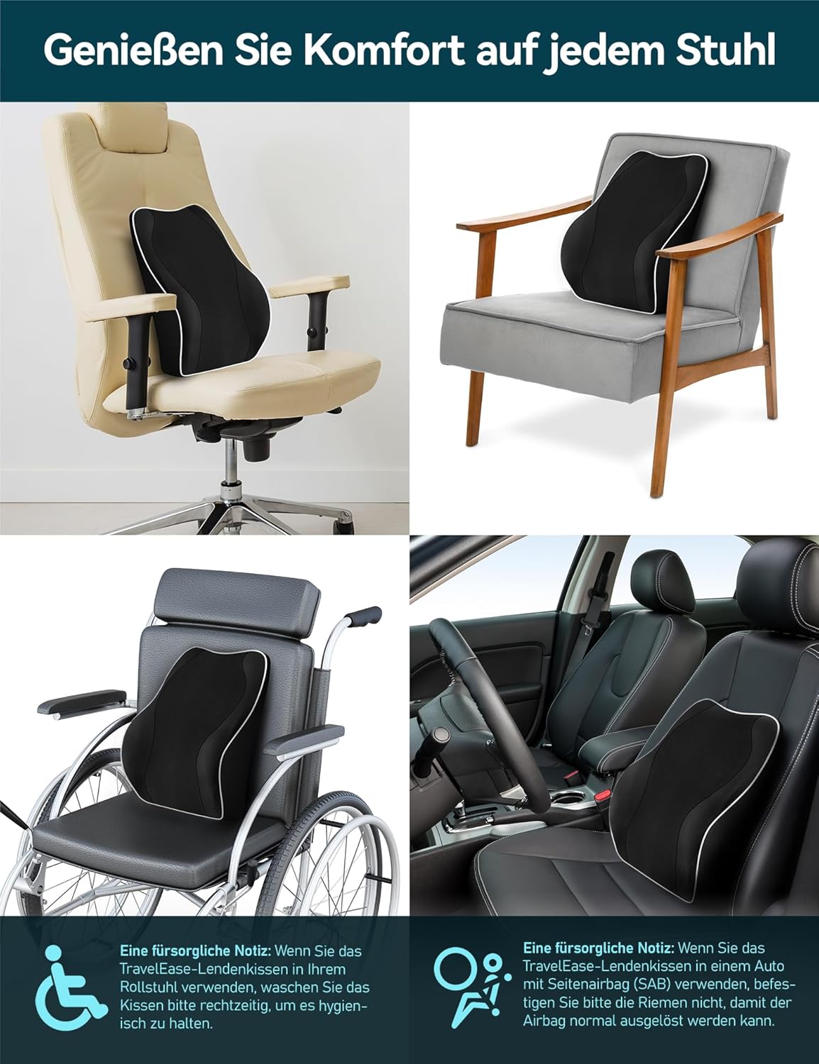Travel Ease Ergonomisches Memory Foam Rückenkissen, Lendenkissen für Bürostuhl, Schreibtischstuhl, mit antistatischem, hautfreundlichem Bezug und für eine bequeme Sitzhaltung (Schwarz) – Bild 7