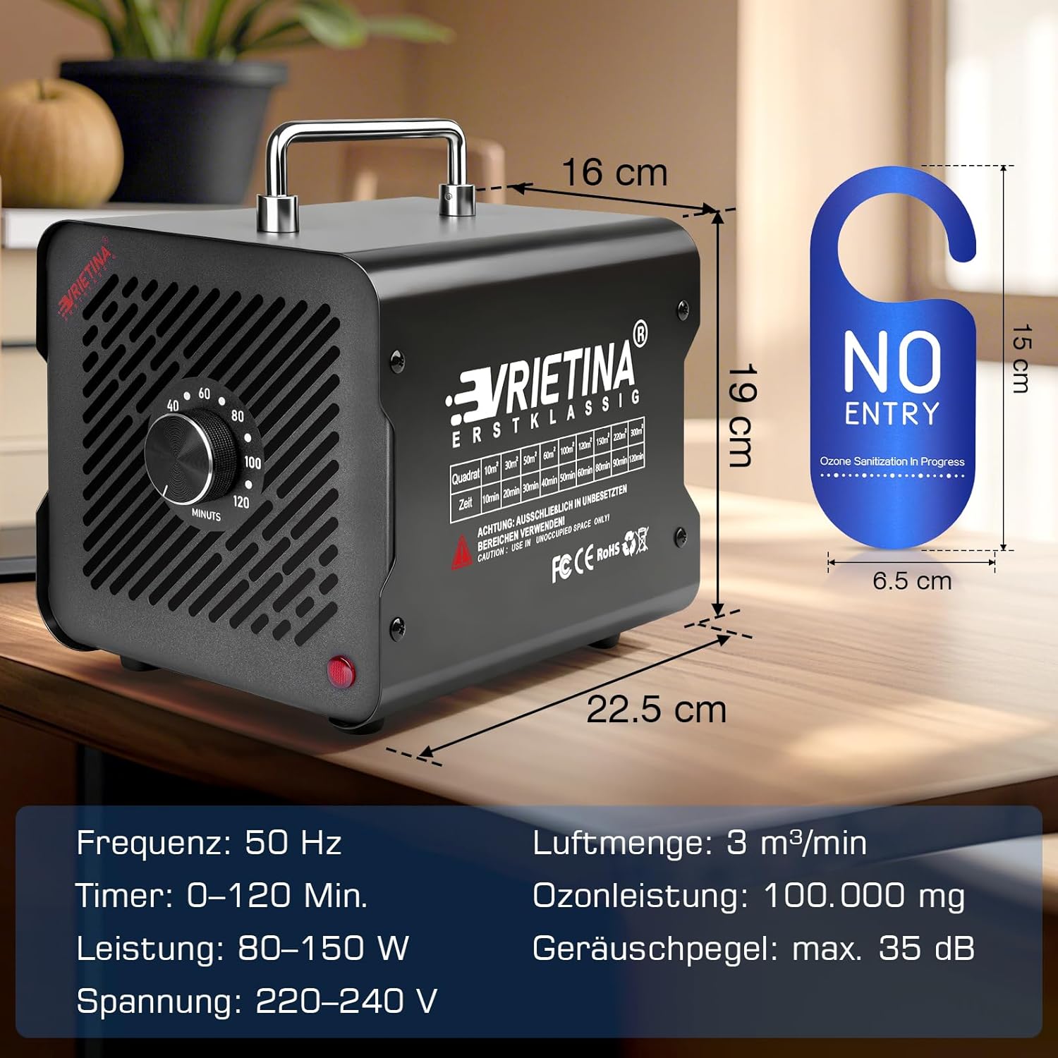 O3-Ozongenerator, 100.000 mg/h, industrielles Ozongerät mit 120-Minuten-Timer, 35-dB-Ozonisator, 150 W, Ozon-Luftreiniger bis zu 300 ㎡, Geruchsbeseitiger, Geruchsneutralisator für Auto-/Haus-/Rauch-/Haustier-/Küchengerüche – Bild 6