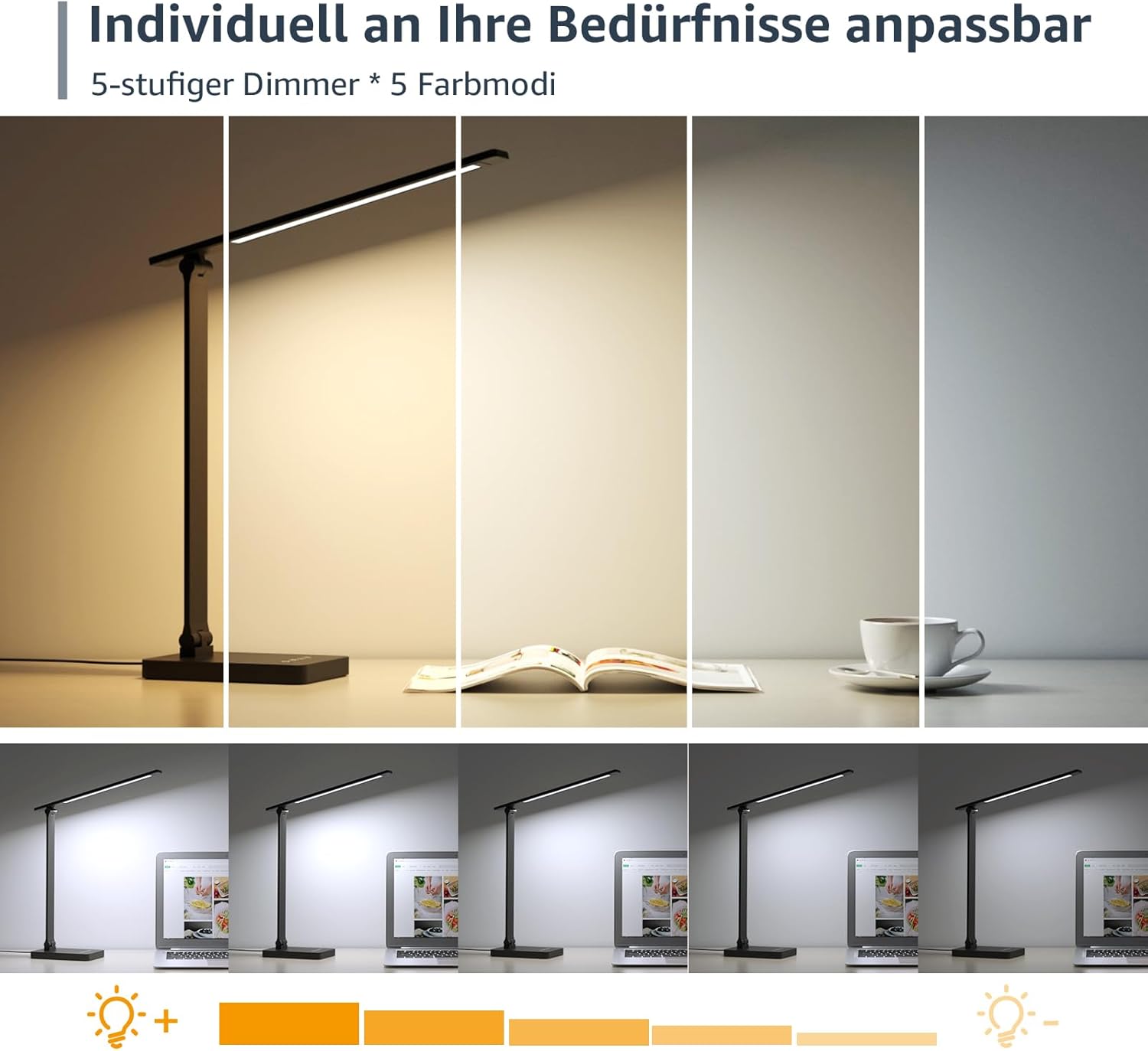 Lepro Schreibtischlampe, LED-Tischlampe, dimmbar, Nachttischlampe, 750 lm, 3 Farben und 5 Helligkeitsstufen, Tageslichtlampe, Tischlampe, Schreibtischlampe für Kinder, Büro, Kunststoff, Schwarz – Bild 2