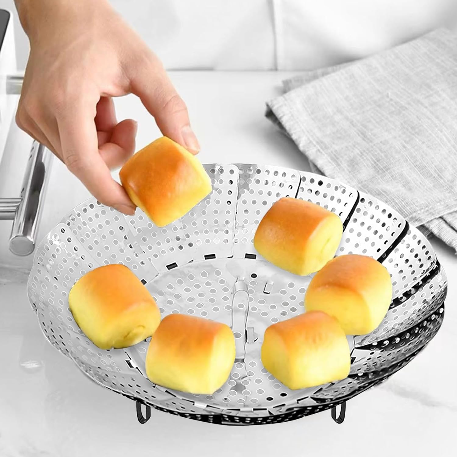 Dampfgareinsatz aus Edelstahl – Klappbarer Dampfgareinsatz für Töpfe 14-23 cm – Dampfeinsatz mit Öse für Gemüsedämpfer, Dampfgarer & Schnellkochtöpfe – Vielseitiger Dampfgartopf & Dampfgartopf – Bild 6