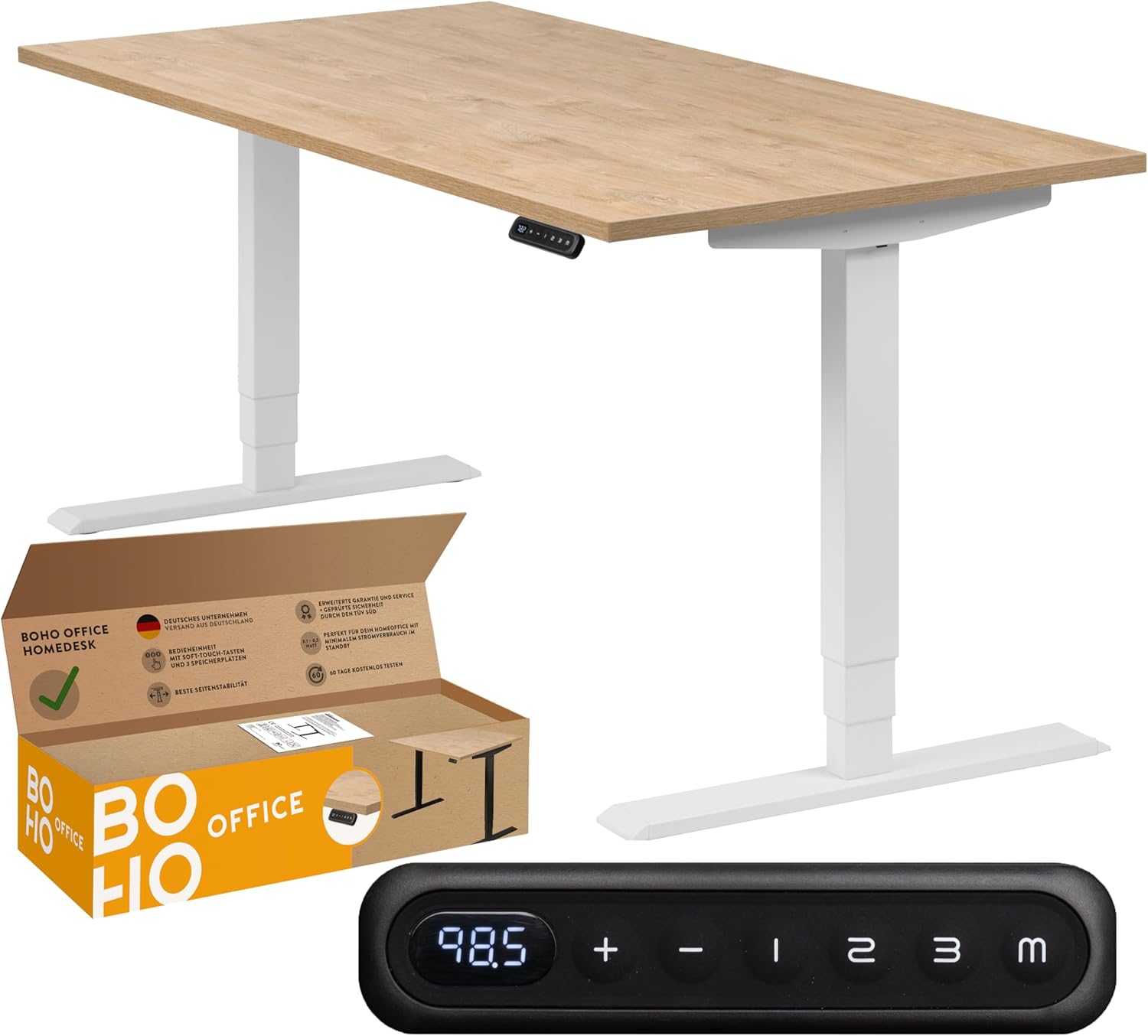 boho office® Homedesk, elektrisch stufenlos höhenverstellbar, silbernes Tischgestell mit Memory-Funktion, inkl. Weiße Tischplatte 120 x 80 cm