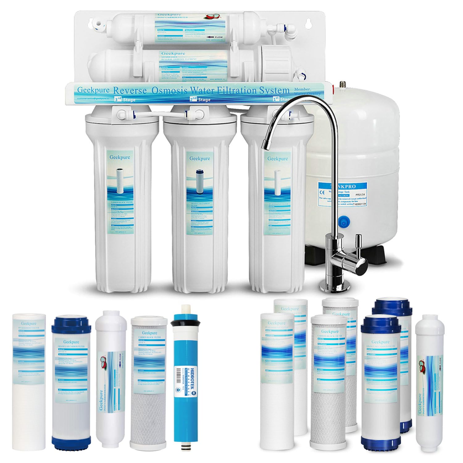 Geekpure 5-Stufen-Umkehrosmose-Trinkwasserfiltersystem plus 7 zusätzliche Filter gratis 75GPD