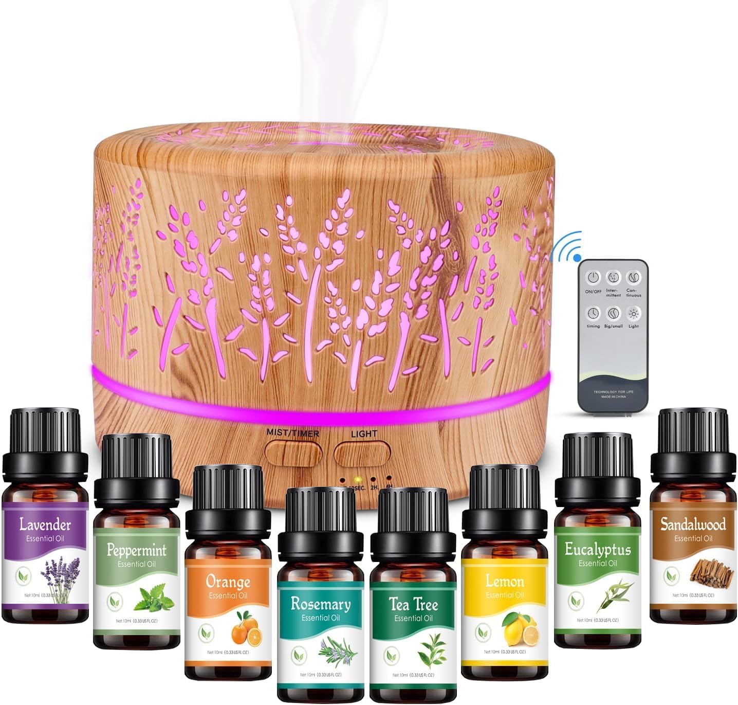 500 ml Aroma-Diffusor mit 8 x 10 ml ätherischem Öl-Set, ätherisches Öl-Aroma-Diffusor, Ultraschall-Luftbefeuchter für Home Office SPA, ätherisches Öl, 14 LED-Farben mit 4 Timer-Einstellungen, Ideen-Geschenkset