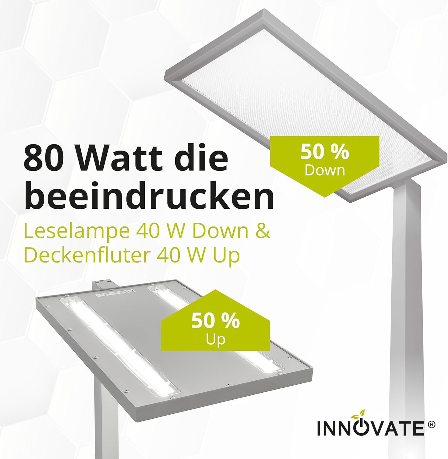 INNOVATE LED Stehlampe Büro dimmbar mit Uplighter Silber (7500 lm UGR< 19 80 W) Tageslichtlampe Schreibtisch Stehlampe dimmbar I Stehleuchte LED Home Office Schreibtische & Arbeitsplätze Stehlampen – Bild 4