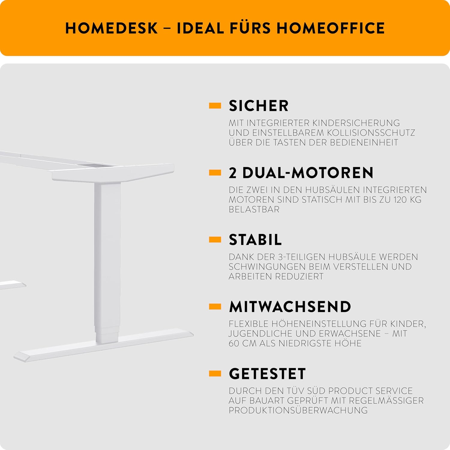 boho office® Homedesk, elektrisch stufenlos höhenverstellbar, silbernes Tischgestell mit Memory-Funktion, inkl. Weiße Tischplatte 120 x 80 cm – Bild 10