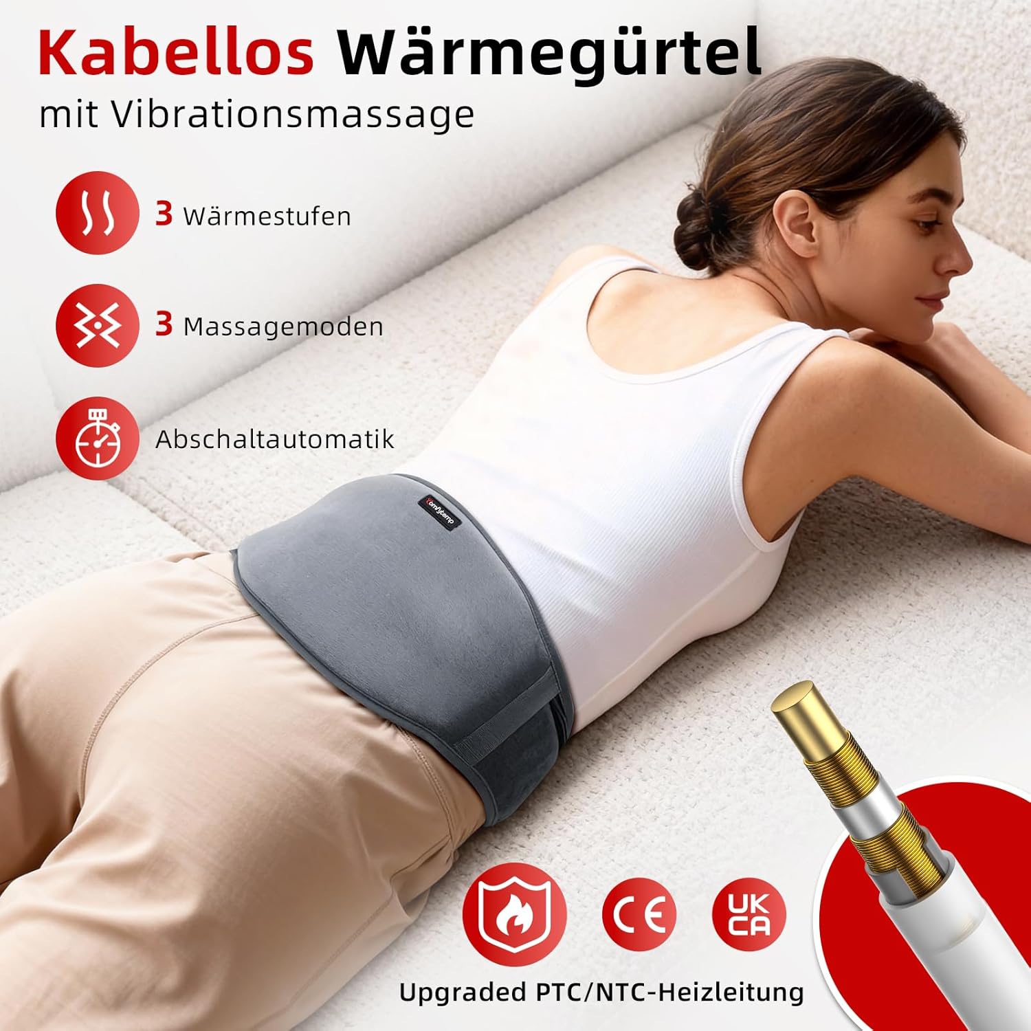 Comfytemp Wärmegürtel Vibrationsmassage für Rücken mit 25 Wh Akku, 147 x 18 cm kabelloses Massagegerät, Heizkissen, Wärmekissen, Rückenwärmer, Heizgürtel mit USB, Geschenke für Mütter, Frauen, Mama, Papa – Bild 2