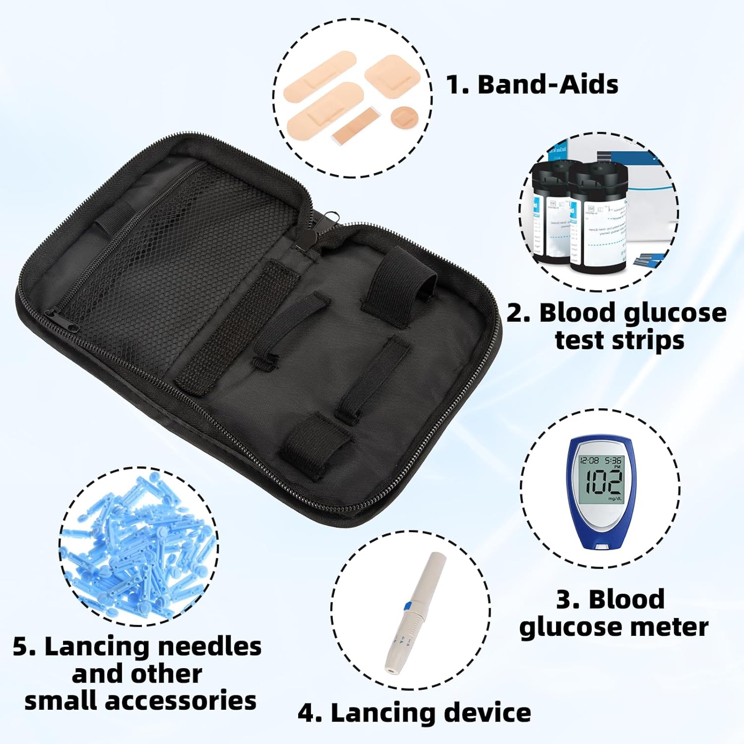 Diabetiker Tasche, Diabetes-Versorgungskoffer, Diabetes Tasche für Blutzuckermessgerät, Teststreifen, Spritzen, Nadeln; Organizer für Diabetiker, Diabetiker Zubehör (Schwarz), Nur Kartons. – Bild 3