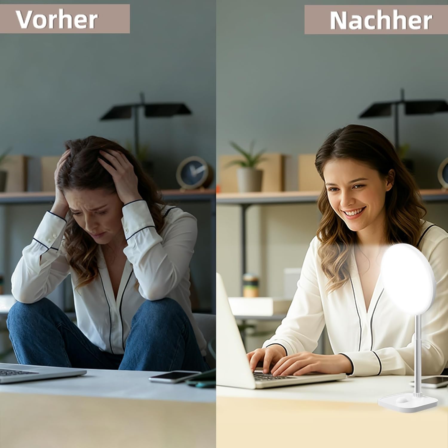 Tageslichtlampe 15000 Lux Lichttherapielampe, Tageslichtlampe Schreibtisch mit 3 Farbtemperaturen und 5 Helligkeitsstufen, USB-A-Anschlüssen, Dimmer und Timer, einstellbarer Winkel und Höhe für Lesen/Büro/Zuhause – Bild 3