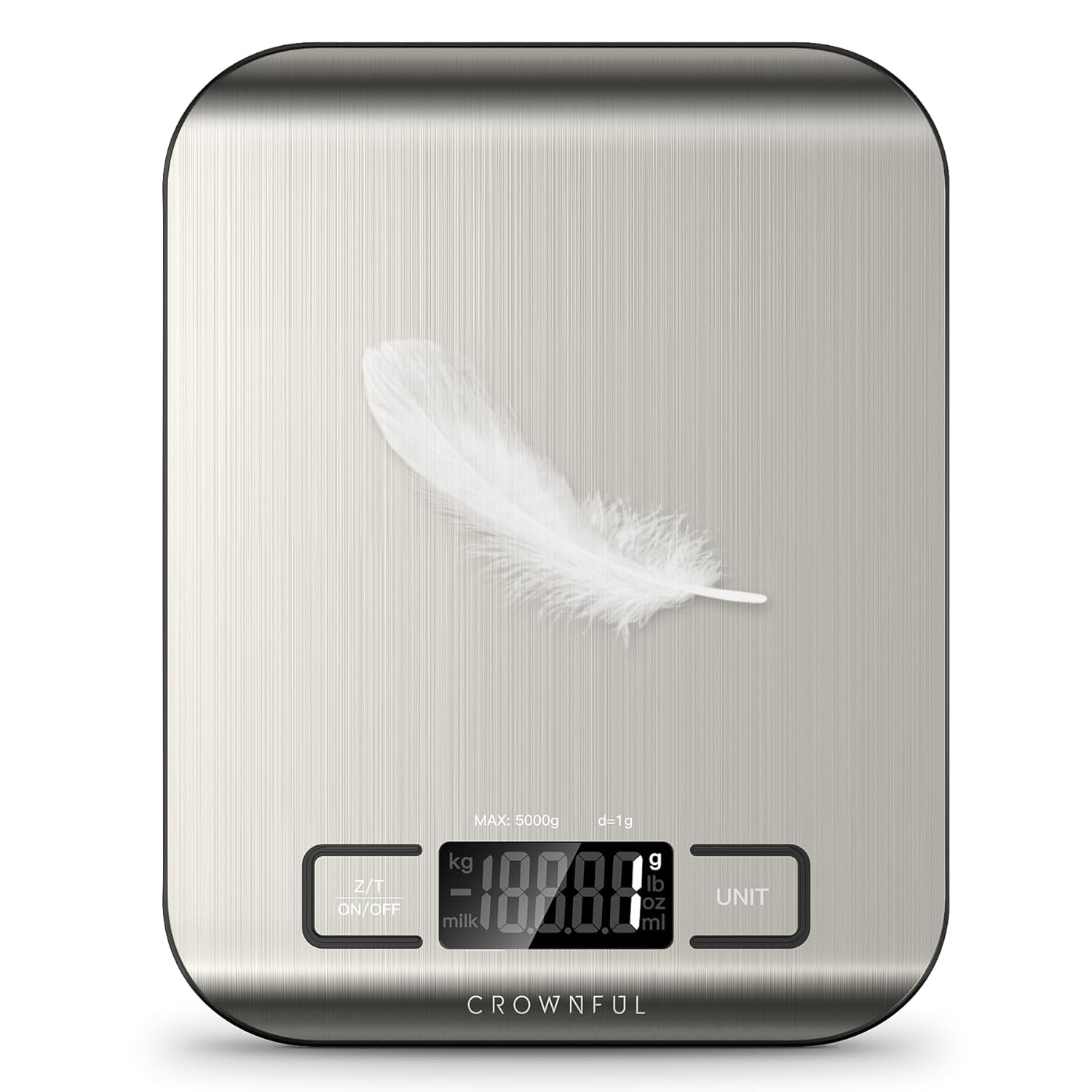 CROWNFUL Digitale Küchenwaage, 5 kg, Küchenwaage mit LCD-Display, Edelstahl-Digitalwaage, hohe Präzision bis 1 g, 5 Einheiten mit Tara-Funktion