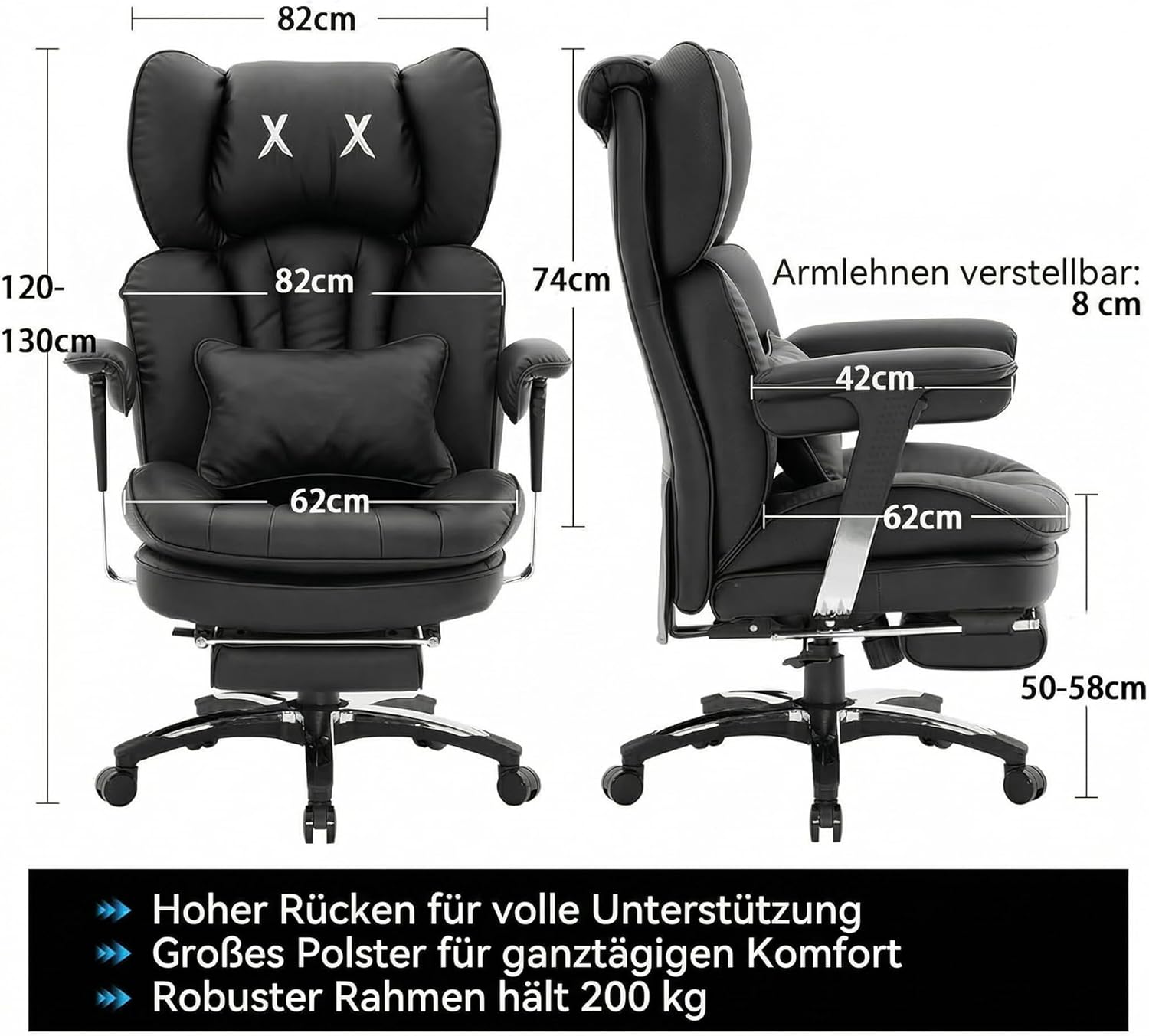 Efomao Bürostuhl, Ergonomischer Gaming-Stuhl mit Kopfstützen-Design (XX), Gamer-Stuhl PU-Leder bis 200 kg mit Fußstütze und Lendenkissen, höhenverstellbarer Schreibtischstuhl – Bild 3
