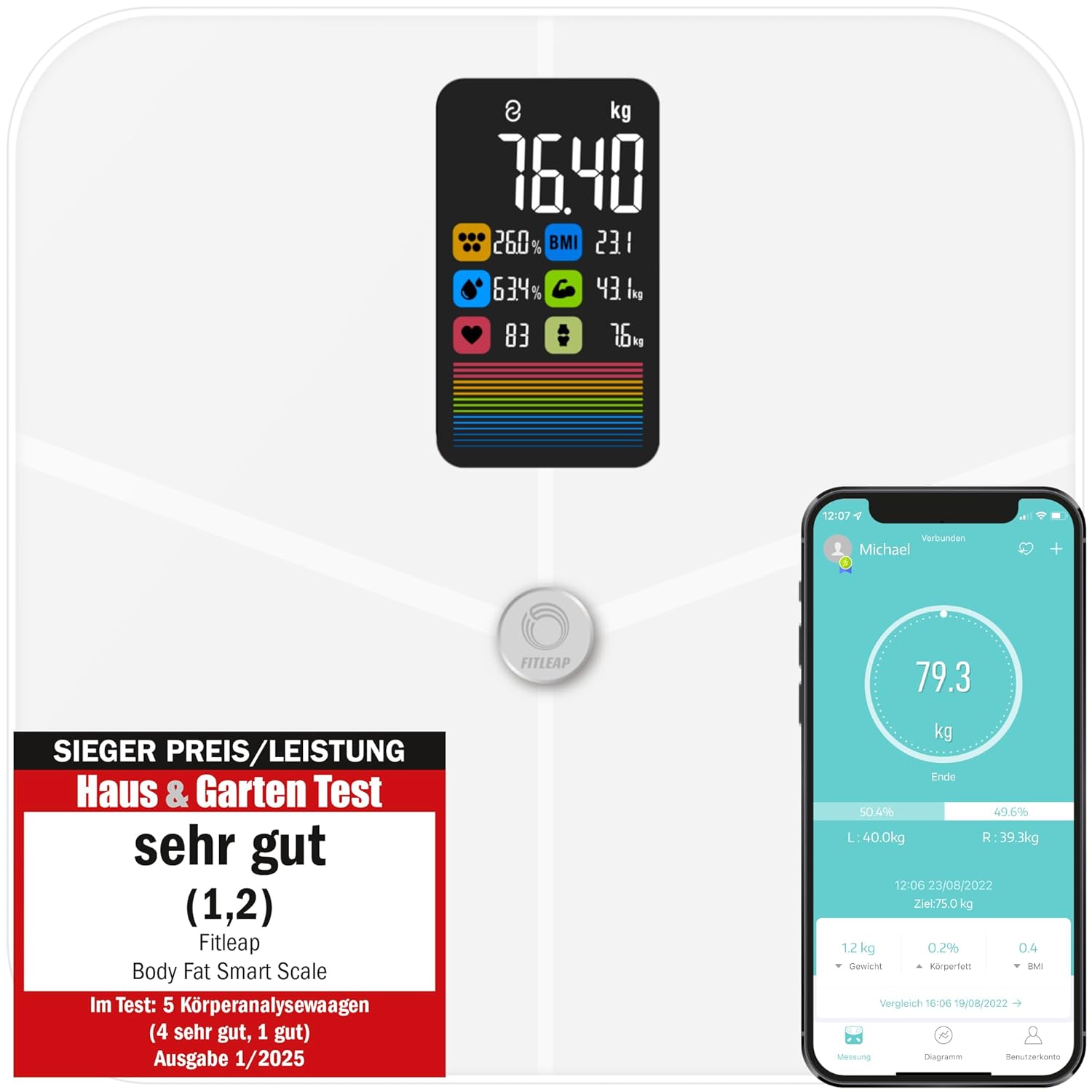 Fitleap Körperfettwaage mit Körperfettanalyse, digitale Bluetooth-Personenwaage mit App-Funktion, Waage mit Körperzusammensetzungsfunktion