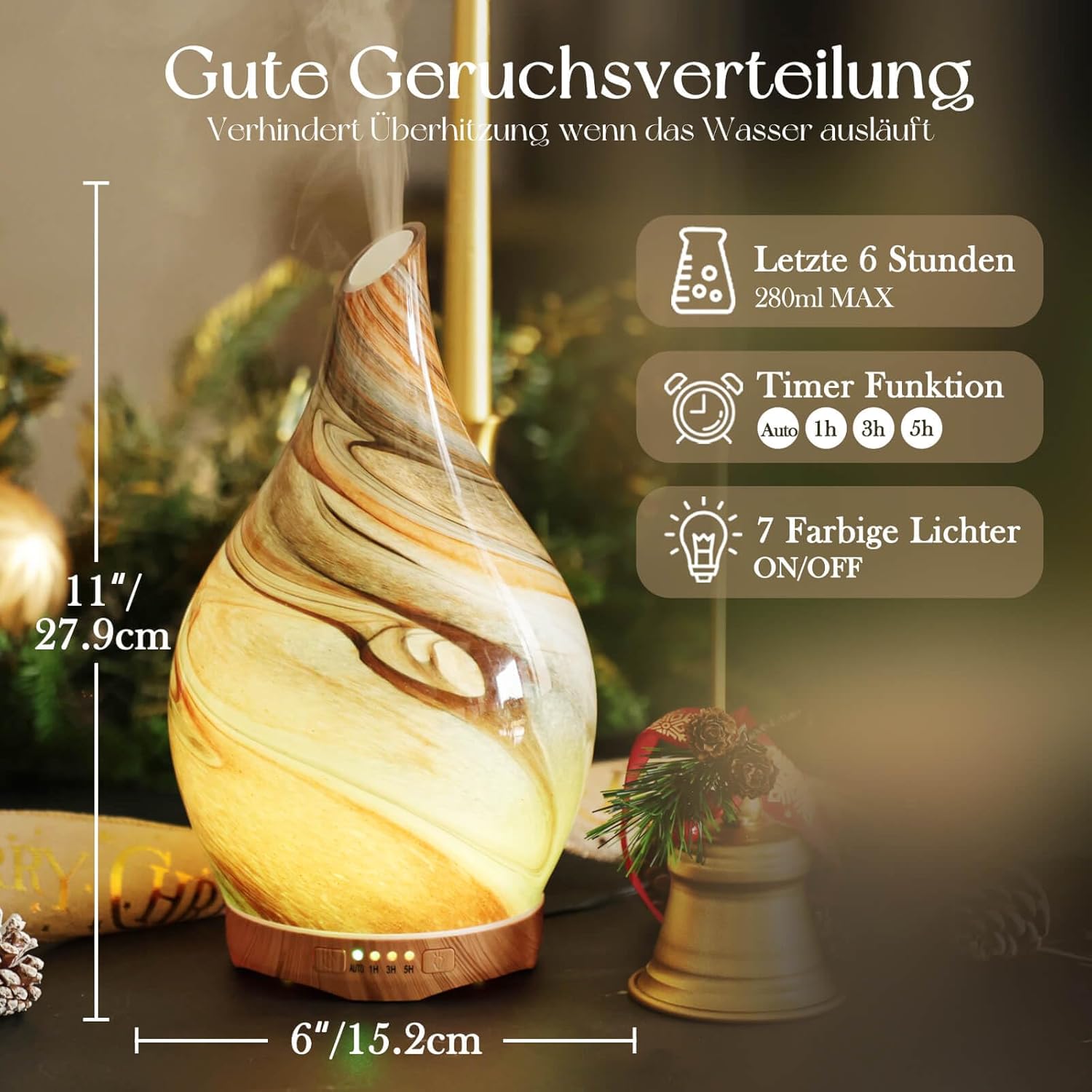 Porseme Aromadiffusor 280 ml, Luftbefeuchter aus mundgeblasenem Glas, Ultraschall-Aromatherapie-Öldiffusor mit 7 farbigen LED-Lichtern, Diffusor für ätherische Öle mit Timer, BPA-frei für Zuhause (Deep Desert) – Bild 2
