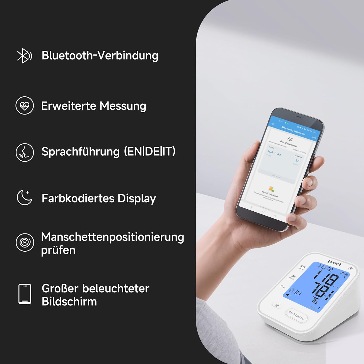 yuwell Intelligentes Oberarm-Blutdruckmessgerät mit Bluetooth, Manschette für 22-45 cm, Sprachübertragung, hintergrundbeleuchtetes Display, wiederaufladbarer Akku, App für iOS & Android (YE650AR) – Bild 6