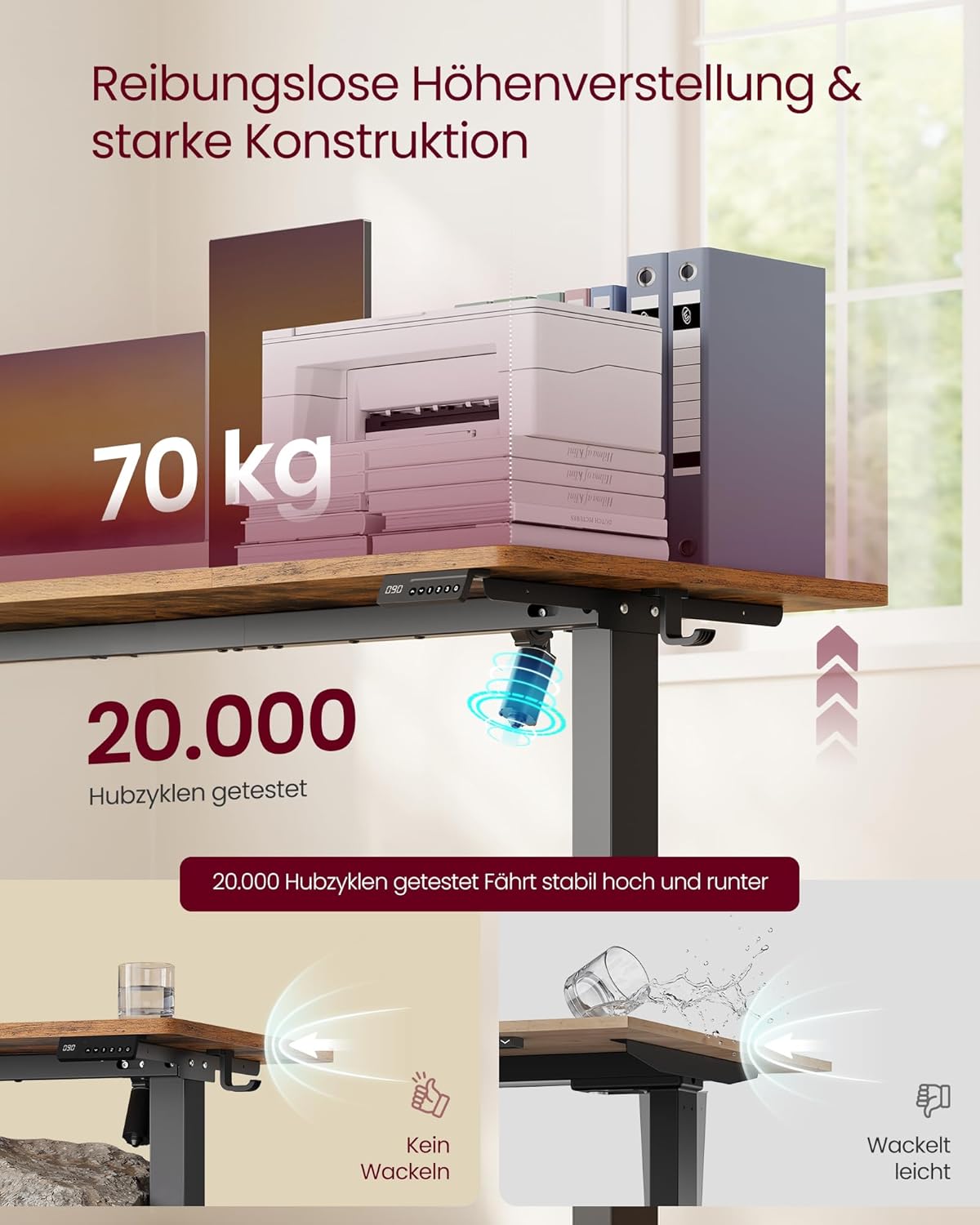VASAGLE LSD312KD03 Höhenverstellbarer Schreibtisch, Stehpult, Computertisch, Long-Sit-Memory-Funktion, 4-Höhen-Büroschreibtisch, 120 x 60 cm, Vintage-Braun – Bild 5