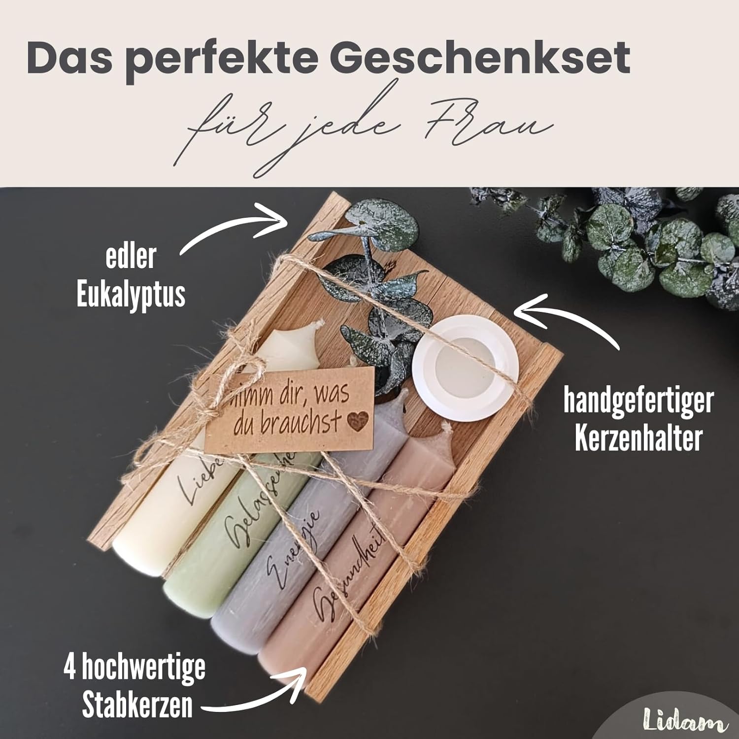 Kerzen-Geschenkset, Geburtstagsgeschenk für Frauen oder Freundin | Nehmen Sie, was Sie brauchen | Kleines Geschenk | Kerzenhalter aus Holz mit Kerzendekoration und Eukalyptus – Bild 2