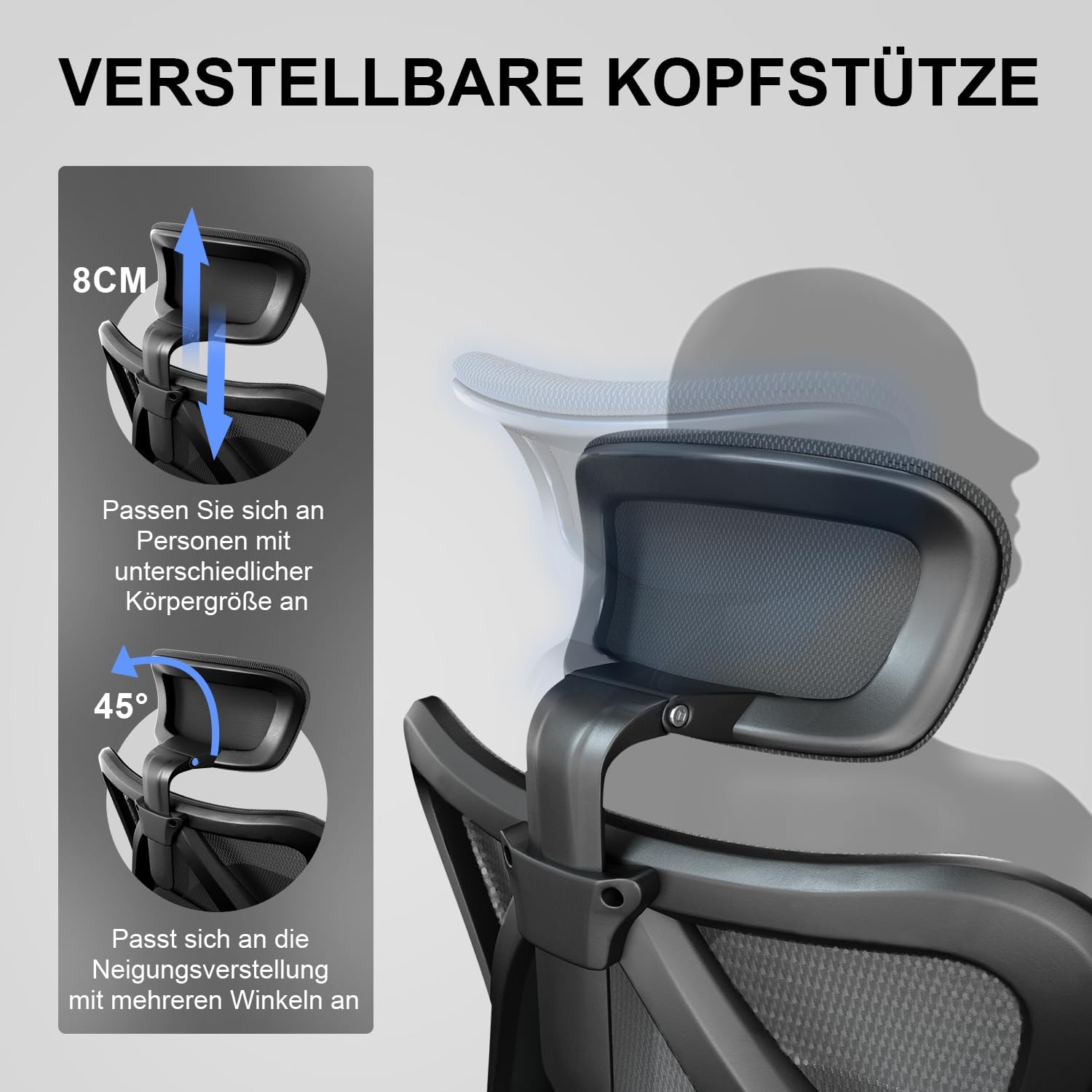 SIHOO Ergonomischer Schreibtischstuhl, Drehstuhl mit verstellbarer Lordosenstütze, Kopfstütze und Armlehne, Höhenverstellung und Wippfunktion, rückenschonender Bürostuhl, Belastbarkeit: bis 150 kg – Bild 5