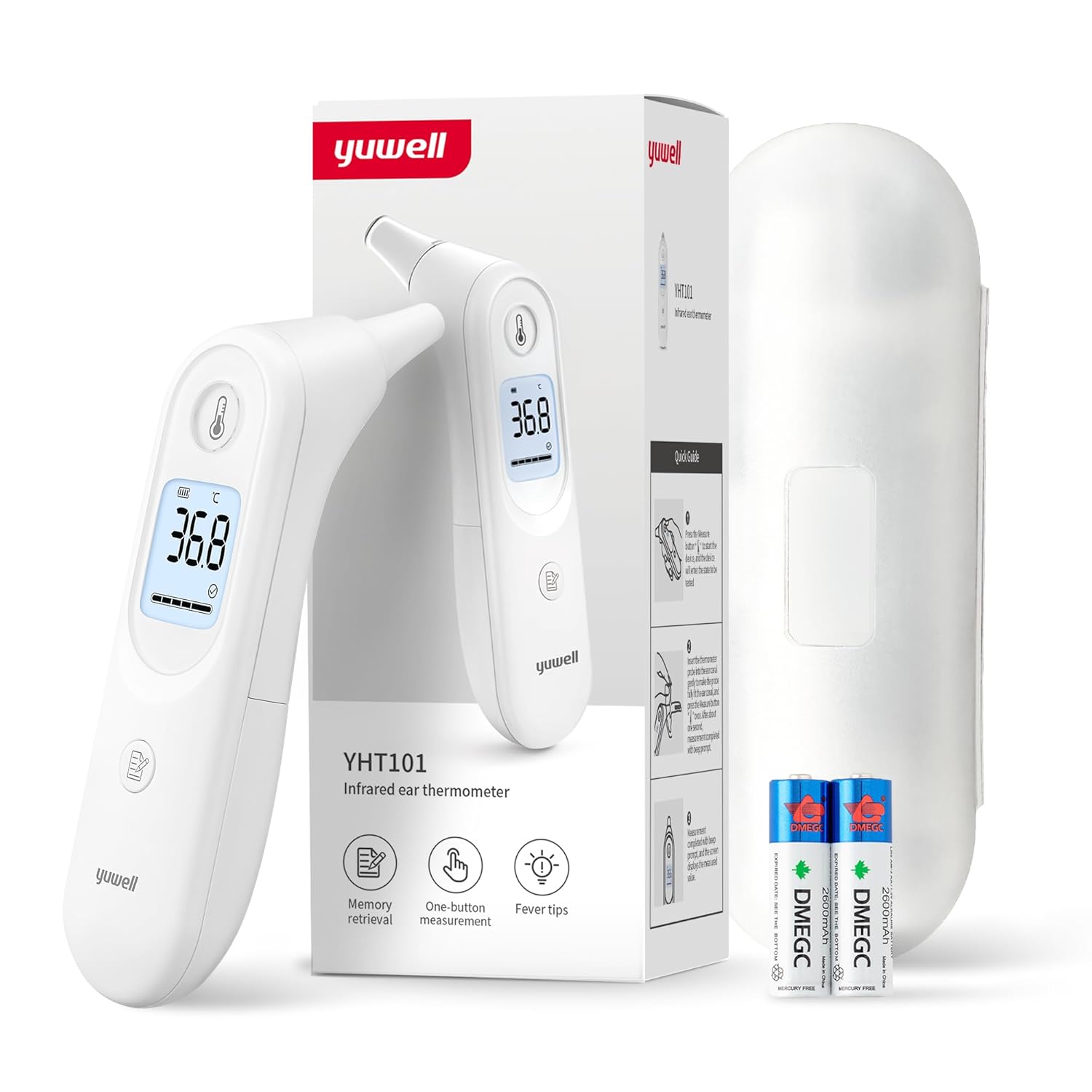 yuwell Fieberthermometer für Kinder und Erwachsene, medizinisches Ohrthermometer, baby- und kinderfreundlich, Messung in Sekunden, Warnung vor hohen Temperaturen, großes Display, 7 Messwertspeicher