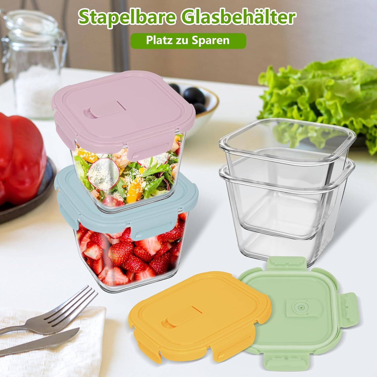850 ml Meal-Prep-Gläser, Glasbehälter mit Deckel, luftdicht und stapelbar, Set mit 4 Vorratsgläsern, Salatschüssel, Suppe, Lebensmittelbehälter für Büro, Picknick, spülmaschinenfest und mikrowellengeeignet – Bild 7