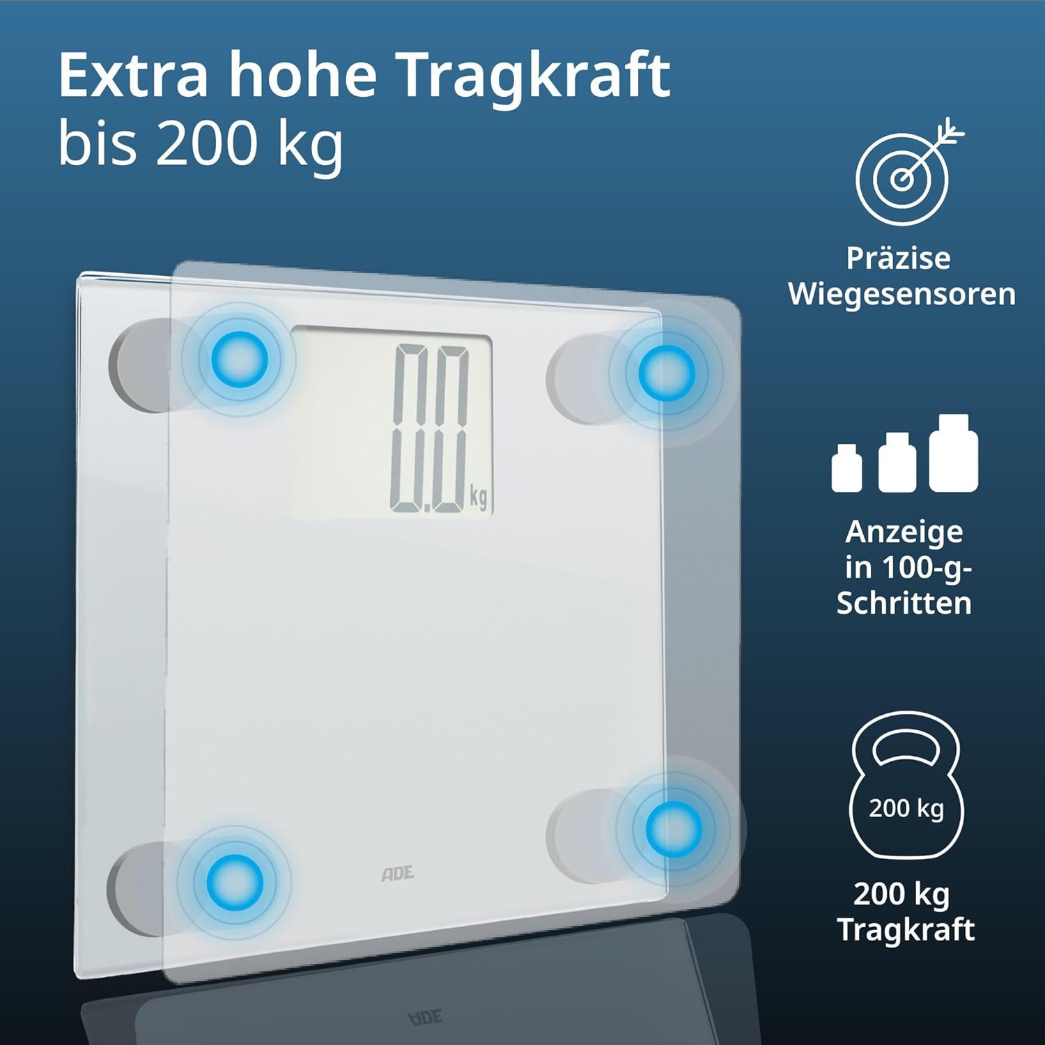 ADE Digitale Personenwaage mit XXL-Display | 200 kg Tragkraft | Besonders gut ablesbare Körperwaage | Ideal für Brillenträger, Senioren | Personenwaage Weiß – Bild 4