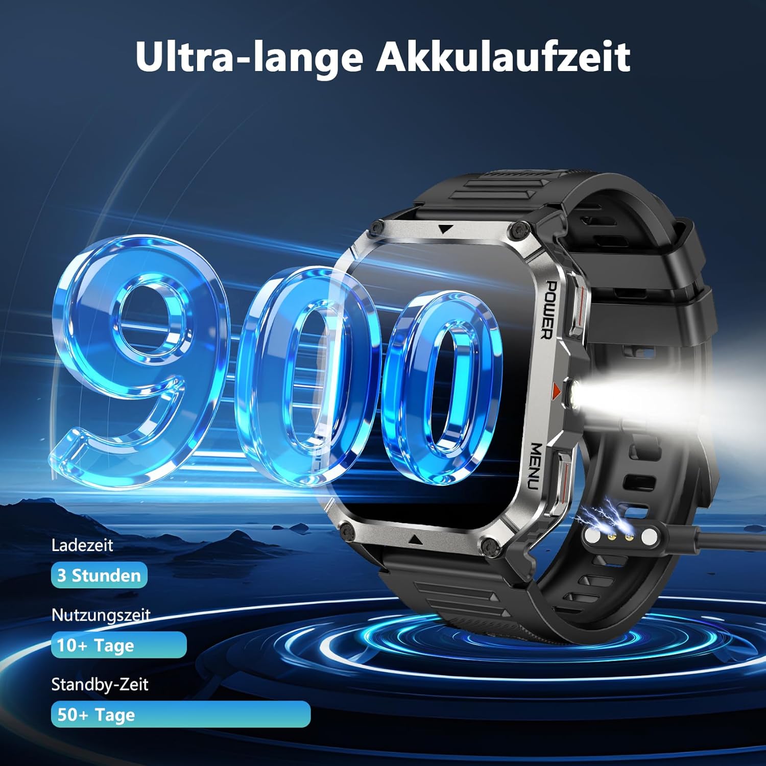 Blackview 900 mAh Herren-Smartwatch, Bluetooth-Anrufe/Kompass/LED-Beleuchtung/2 Armbänder (Silikon/Nylon), Sportuhr mit Puls-Schlaf-Schritten-Kalorien-Kilometer-Monitor, Fitness-Uhr für Android iOS – Bild 7