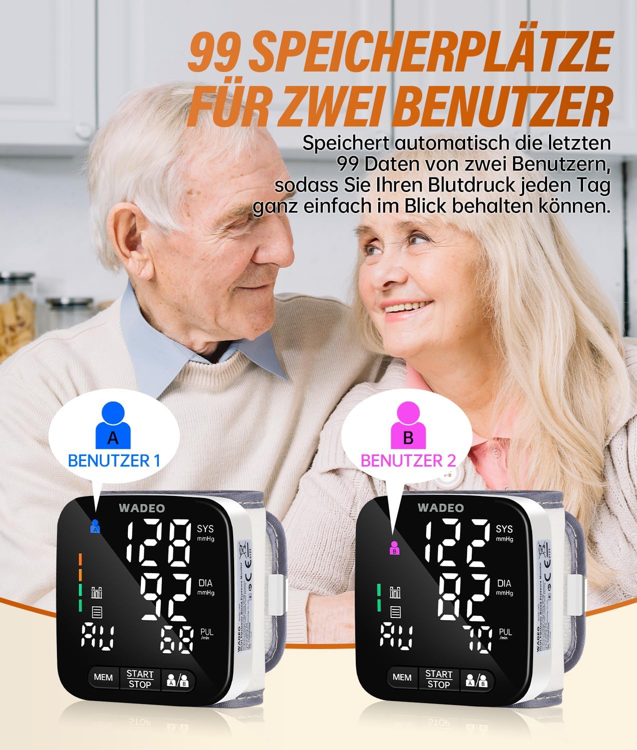WADEO Digitales Handgelenk-Blutdruckmessgerät, 5-Sprachen-Eingabeaufforderung, Arrhythmie-Erkennung, tragbares Blutdruckmessgerät für Zuhause und unterwegs, 2 x 99 Speicher, mit Batterien und Aufbewahrungsbox – Bild 5