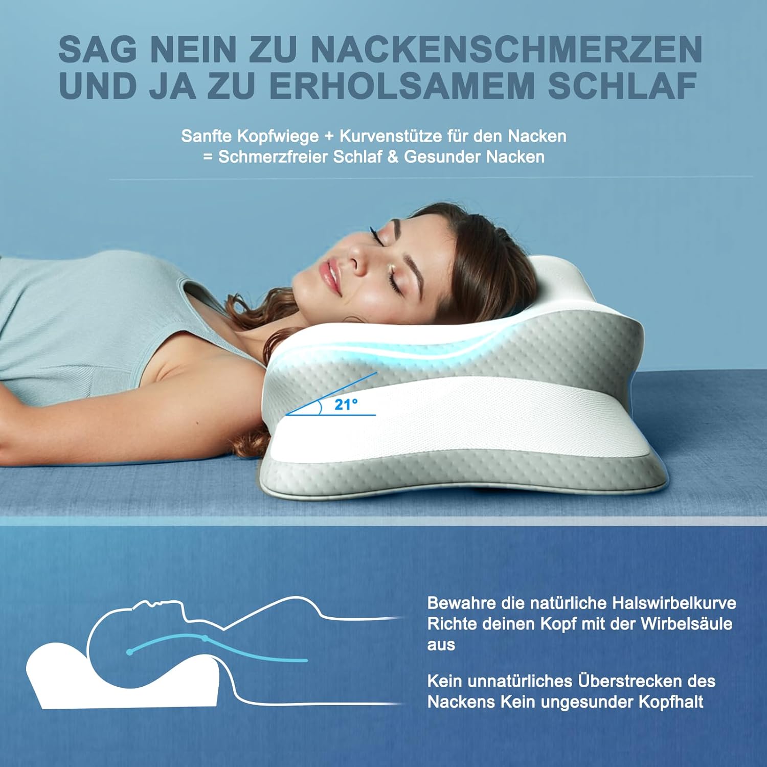 Nackenkissen, Memory-Schaum-Kissen, Nackenstützkissen, ergonomisches Kissen, Kopfkissen für Seiten-, Rücken- und Bauchschläfer (1 Stück) – Bild 2